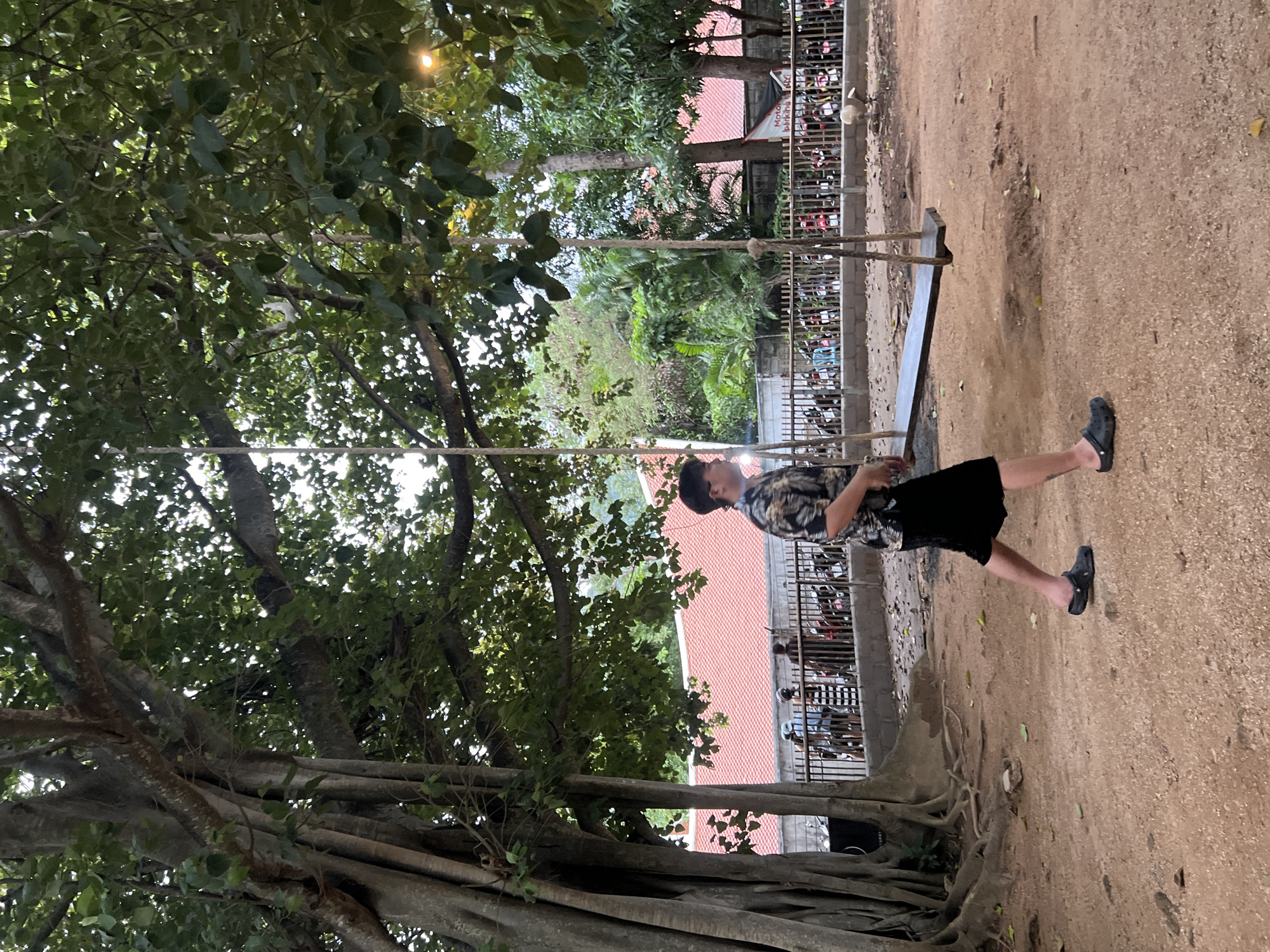 In Karon, Thailand, a young man is depicted walking past a swing hanging from a large tree. He is wearing a short-sleeved shirt with a dark floral pattern and black shorts, along with dark slip-on shoes. The swing, made of a wooden plank suspended by ropes, is positioned in the foreground. Behind the swing, a metal fence encloses a collection of parked motorcycles. Beyond the fence, a building with a distinctive red tiled roof is visible, bordered by lush green trees and foliage. The ground is covered in reddish-brown dirt, with scattered leaves and small stones. The massive trunk and branches of the tree dominate the left side of the image, casting shadows and creating a natural canopy overhead.