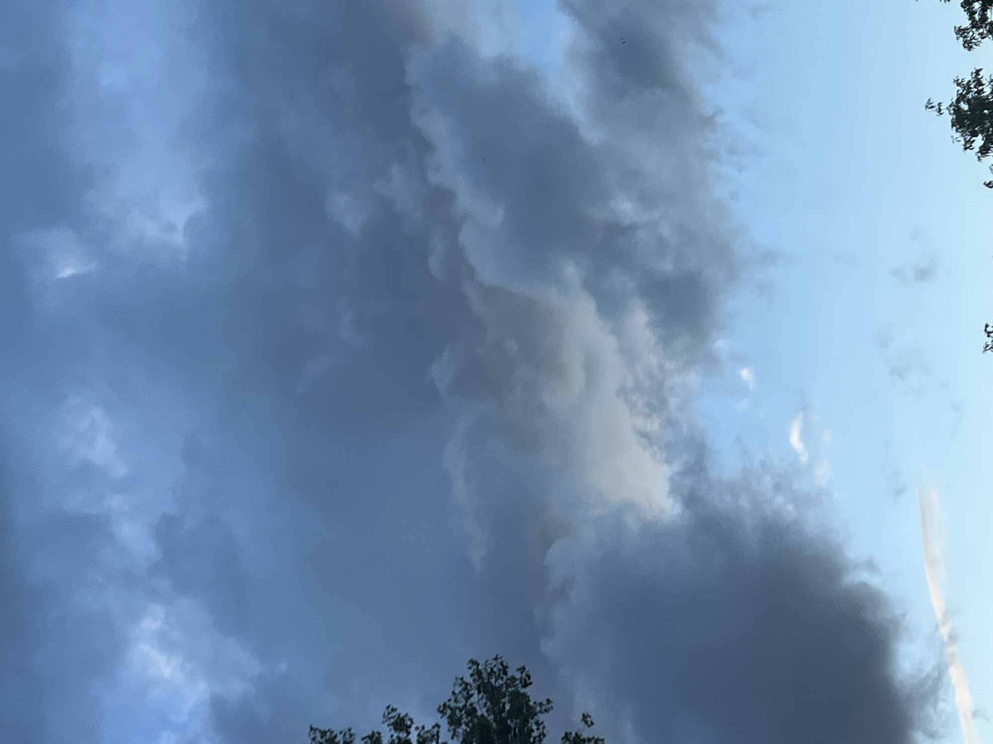 The image shows a cloudy sky with varying shades of gray and blue. The clouds appear dark and heavy in some areas, suggesting an impending storm or overcast weather. In the lower left corner, the dark green foliage of a tree is partially visible. The rest of the image is dominated by the sky and clouds, with hints of lighter blue peeking through. There is no visible indication of the city of Warsaw, Poland, or any specific urban environment. The scene is devoid of people, objects, or any actions taking place.