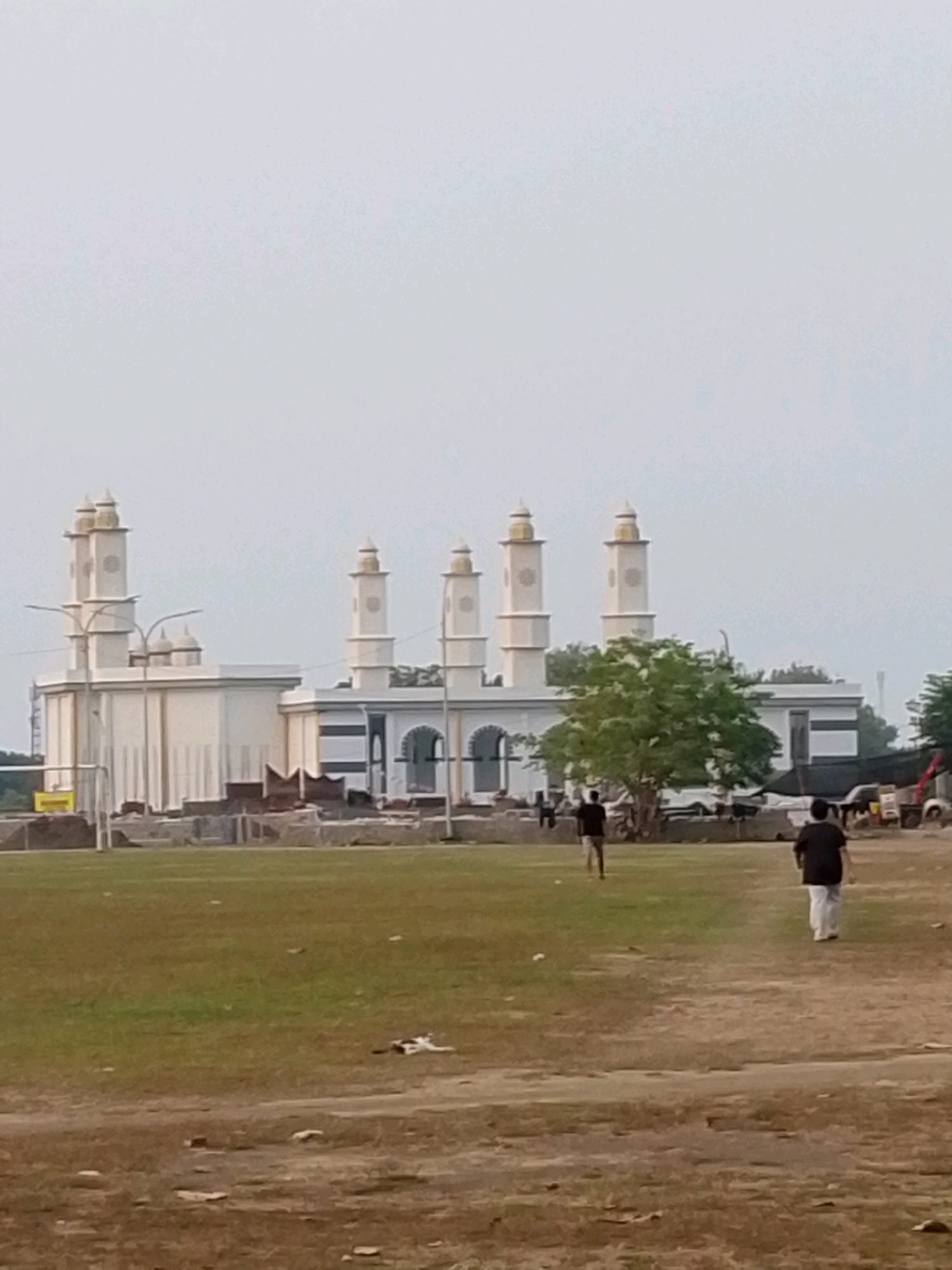 This image depicts a mosque with multiple minarets in the city of Pasuruan, Indonesia. In the foreground, a grassy field appears to be undergoing some construction, with piles of bricks and unfinished structures visible. Two individuals are walking across the field, and a cat is lying down in the grass. The sky is overcast, and the overall scene suggests an outdoor environment.