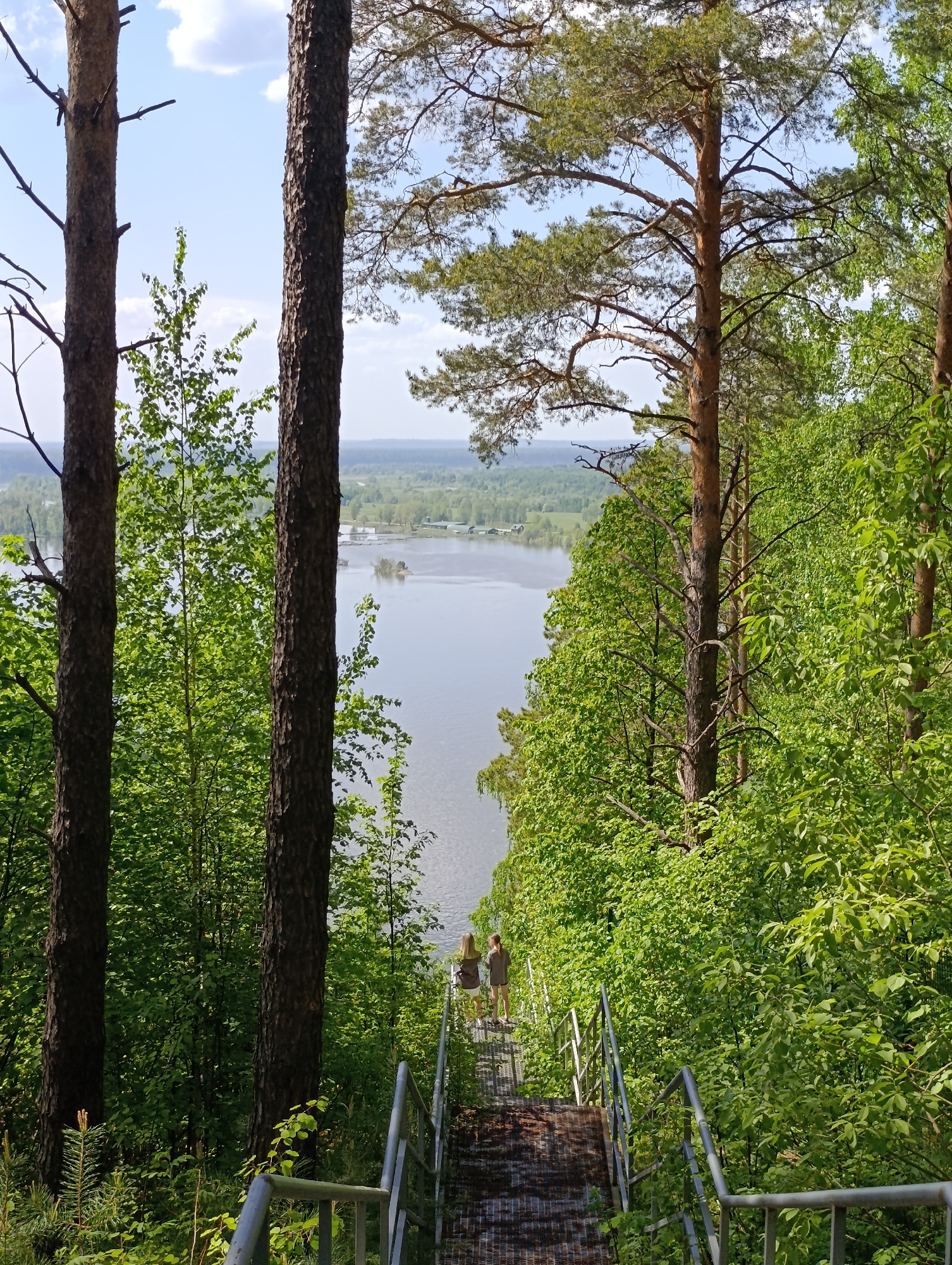 Two people are standing on a metal staircase in a wooded area. The stairs lead down to a body of water. There are tall trees on either side of the stairs, and the foliage is green. The sky is blue with some clouds. The location is Unknown, Unknown.