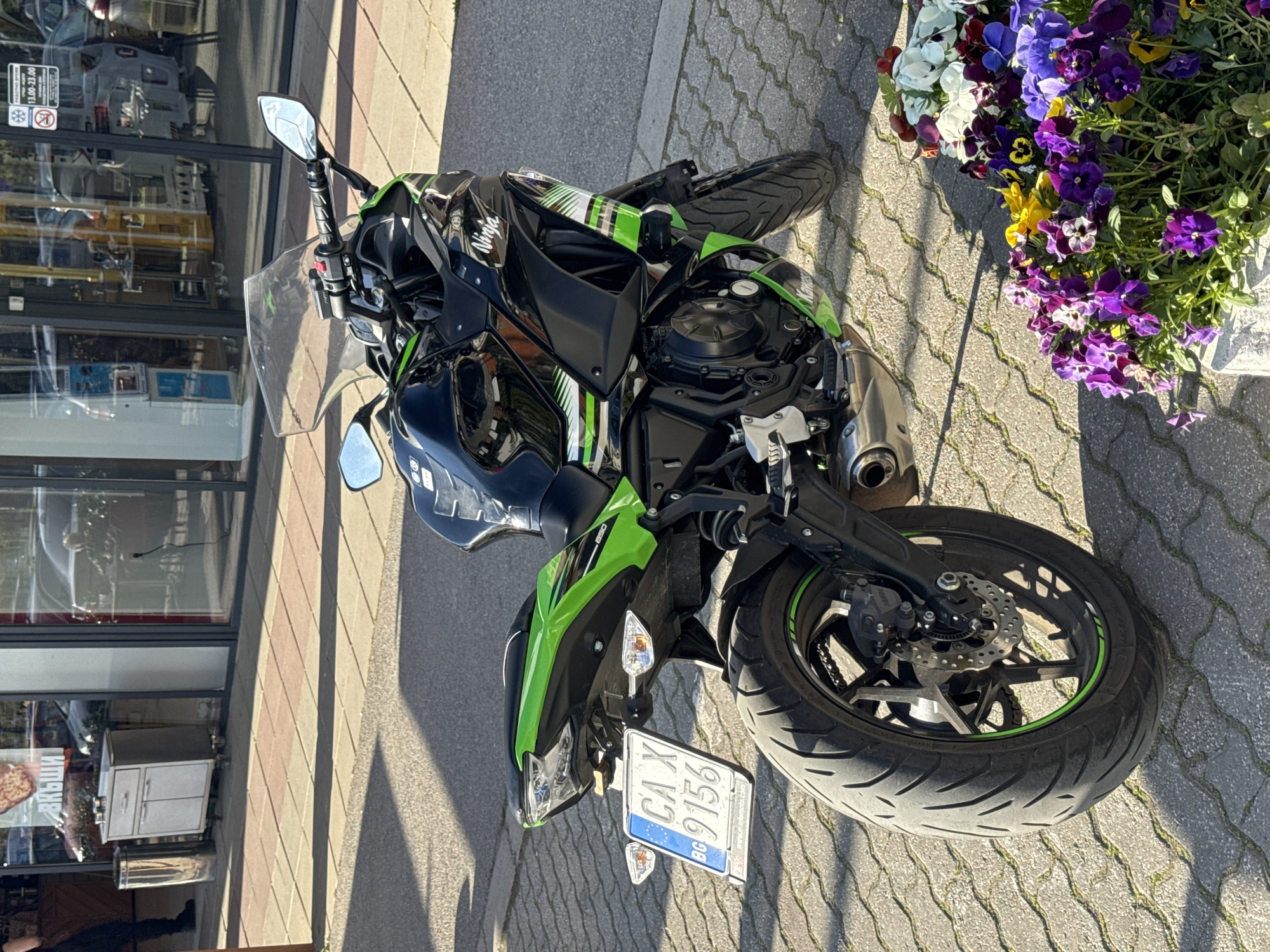 A black and green Kawasaki Ninja 650 motorcycle is parked on a paved sidewalk in Sofia, Bulgaria, on a sunny day. The motorcycle is the main subject, prominently displaying its black body with bright green accents and "Ninja" text on the fairing. Its Bulgarian license plate, "CA X 9156 BG," is clearly visible at the rear, with "CA" denoting registration in Sofia. Green rim tape is visible on the motorcycle's wheels.
To the right of the motorcycle, a planter bursts with colorful pansies in shades of purple, yellow, and white. The motorcycle is positioned next to a building featuring a large glass storefront. This window reflects the surrounding environment, including vehicles and what appears to be a small white cabinet inside the shop. A reflected sign on the window displays "3.00-23.00," likely indicating business hours, along with a "no smoking" symbol and the partially visible text "RACING SHOP." Another reflection on the glass shows Cyrillic text, possibly "ВКУСНИ" (meaning "delicious"). Strong shadows on the sidewalk indicate bright sunshine.