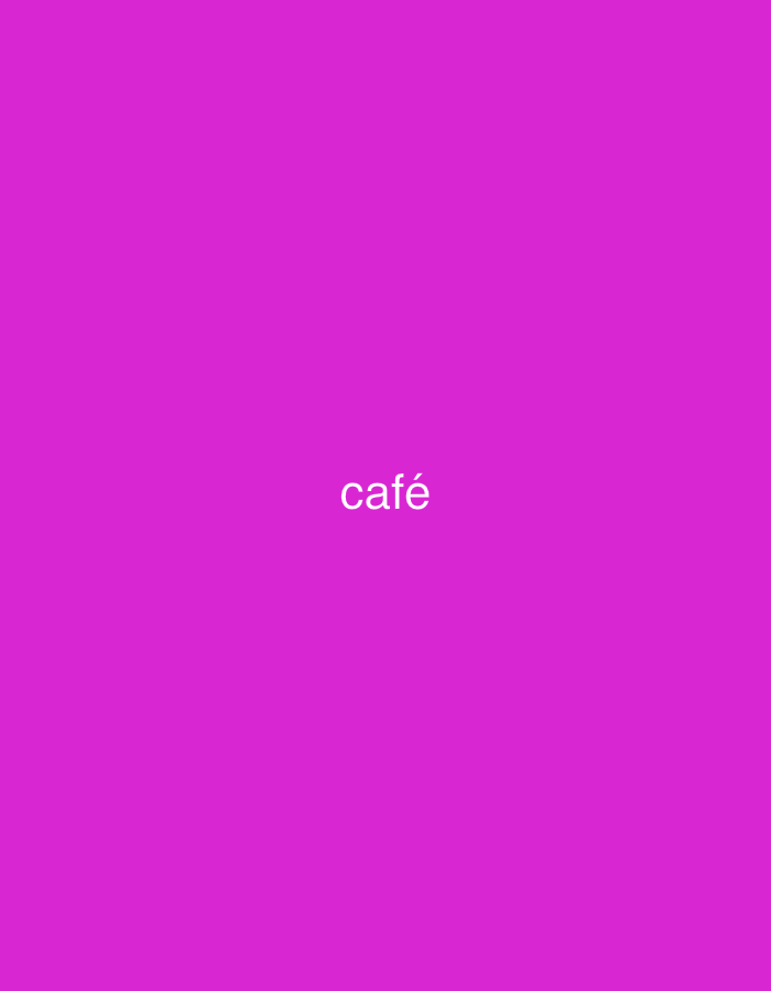 The image displays a plain, solid magenta background with a single word, "café," written in white, sans-serif, lowercase letters. In the original image, the text is centered horizontally and vertically. The accompanying cropped images show the word "café" positioned in the bottom-right, bottom-left, top-right, and top-left corners of similar magenta backgrounds, respectively. There are no people, other objects, or discernible scenes or activities depicted. No specific time of day, weather, or explicit location cues are visible within the image itself to suggest Santa Ana, Venezuela. The image is minimalist, focusing solely on the word "café" against a vibrant, uniform color.