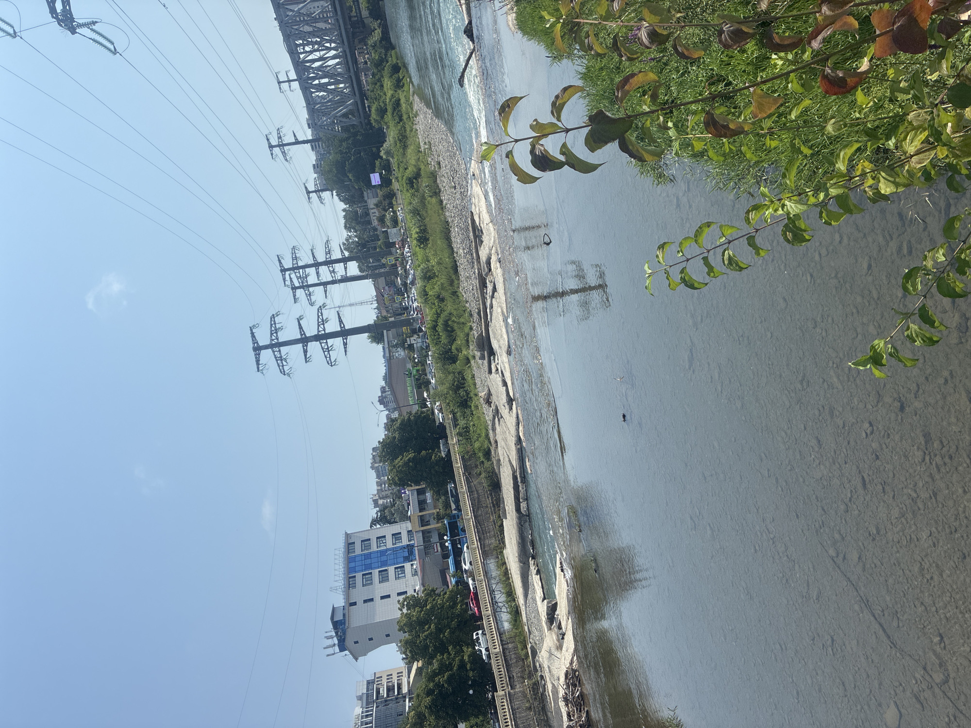 The image depicts a view of the Mzymta River in Sochi, Russia, on a clear day. In the foreground, the river flows with a rocky riverbed visible through the clear water. Lush green vegetation and a few plants with reddish-brown leaves are on the right bank. Across the river, a concrete embankment lines the opposite side, with a street running behind it. Several vehicles are parked along the street, and a blue bus is visible. Beyond the street, a white multi-story building with blue-tinted windows stands prominently, with other buildings and trees in the background. The scene is dominated by a clear blue sky and is characterized by the presence of multiple high-voltage power line towers and their associated wires, stretching across the frame. A large metal railway bridge spans the river in the mid-ground.