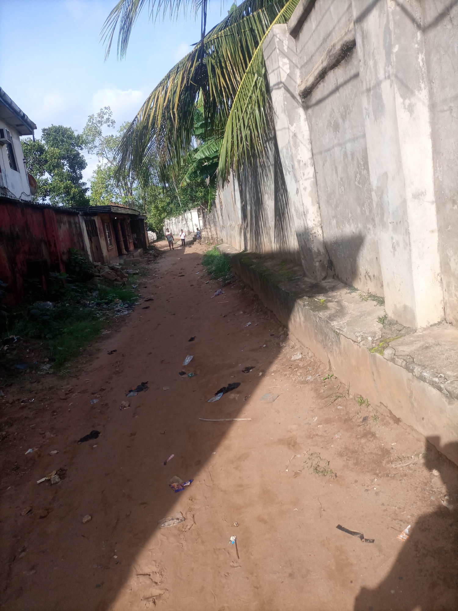 A sunny outdoor shot shows a dirt road in Nkpor, Nigeria, lined by buildings on the left and a concrete wall on the right. The road is covered in loose dirt and scattered debris, including plastic bags and wrappers. Trees and palm fronds are visible in the background, casting shadows on the ground. Two people are walking away from the camera down the road. The overall scene suggests a somewhat neglected urban environment.
