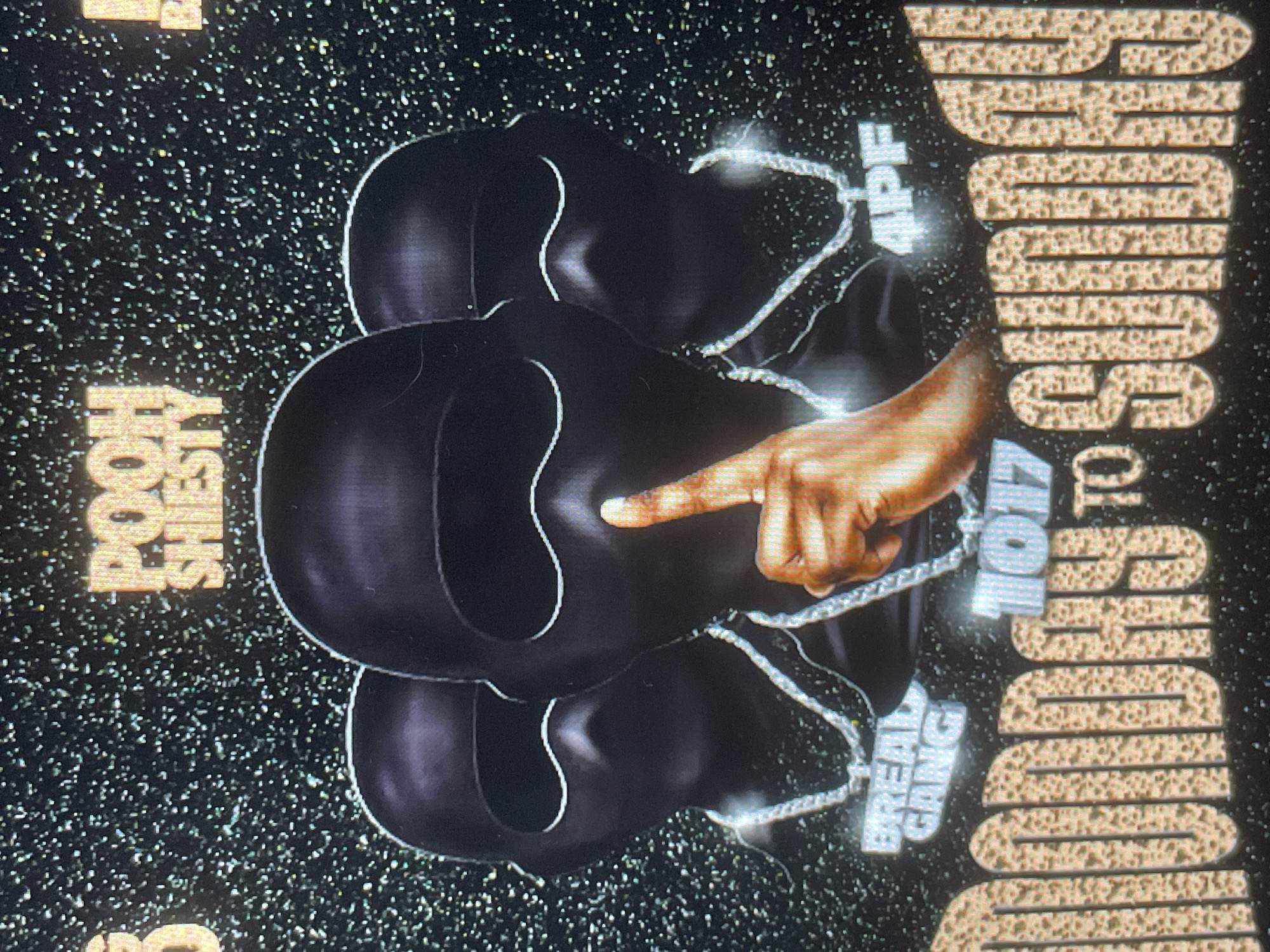 The image displays a dark-themed promotional graphic, likely an album cover, against a sparkling black background reminiscent of a starry night or glitter. At the center, three black balaclavas, or ski masks, are arranged in a stack. A light-skinned human hand with dark-colored fingernails extends an index finger, pointing towards the uppermost balaclava.
Draped over and around the balaclavas are several diamond-encrusted chains with prominent pendants. These pendants spell out words such as "1017," "GUWOP," "BREATHE GANG," and "TRAP" in glistening, reflective lettering.
Framing the central imagery are golden, textured block letters. Vertically oriented on the left side of the graphic is the name "POOH SHIESTY." On the right side, also vertically oriented, is "MONEYBAGG YO," with additional text above and below it: "MONEYBAGG YO PRESENTS" and "FROM DA HOOD TO DA STAGE" respectively. The entire composition blends luxury and urban aesthetics, suggesting a hip-hop or rap music context.