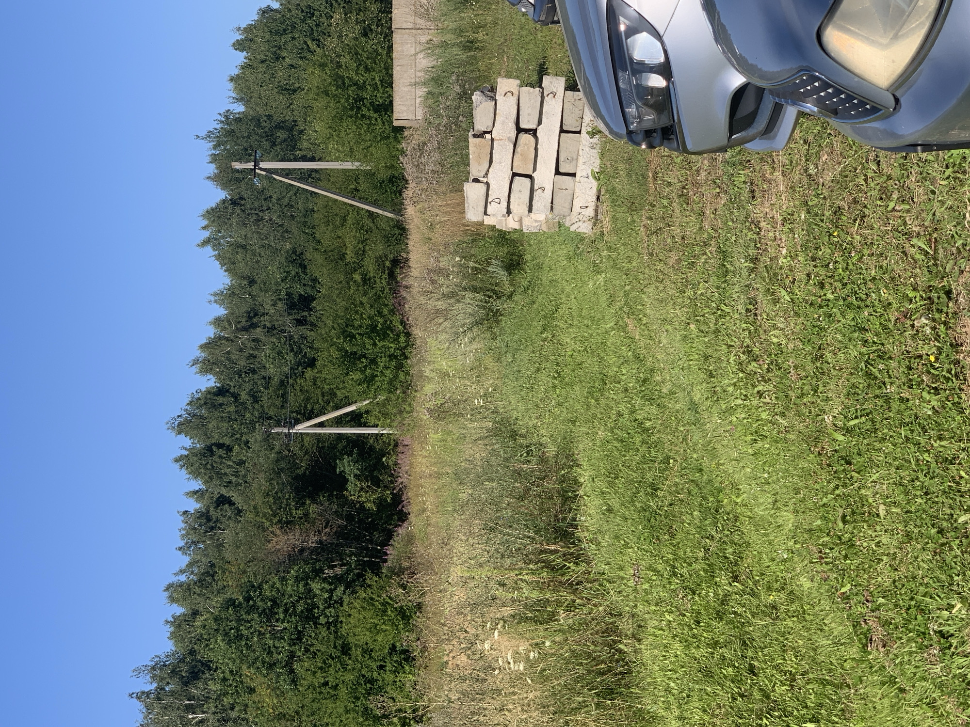 The image depicts an outdoor scene on a clear day, likely in a rural or semi-rural area. A pile of concrete blocks is stacked in the foreground, to the right of center. Beyond the blocks, a dense line of trees forms the background, with a bright blue sky overhead. Two utility poles with crossbars are visible amidst the trees. In the lower right portion of the image, the front of a silver car is visible, with the hood and headlights in focus. Partially obscured by the silver car, the front of a dark-colored car is also visible. The ground is covered in green grass and wild vegetation, with some patches of taller, dry grass and wildflowers. A concrete wall is partially visible in the background, to the right of the utility poles. The location is identified as Капыльскі сельскі Савет, Belarus.