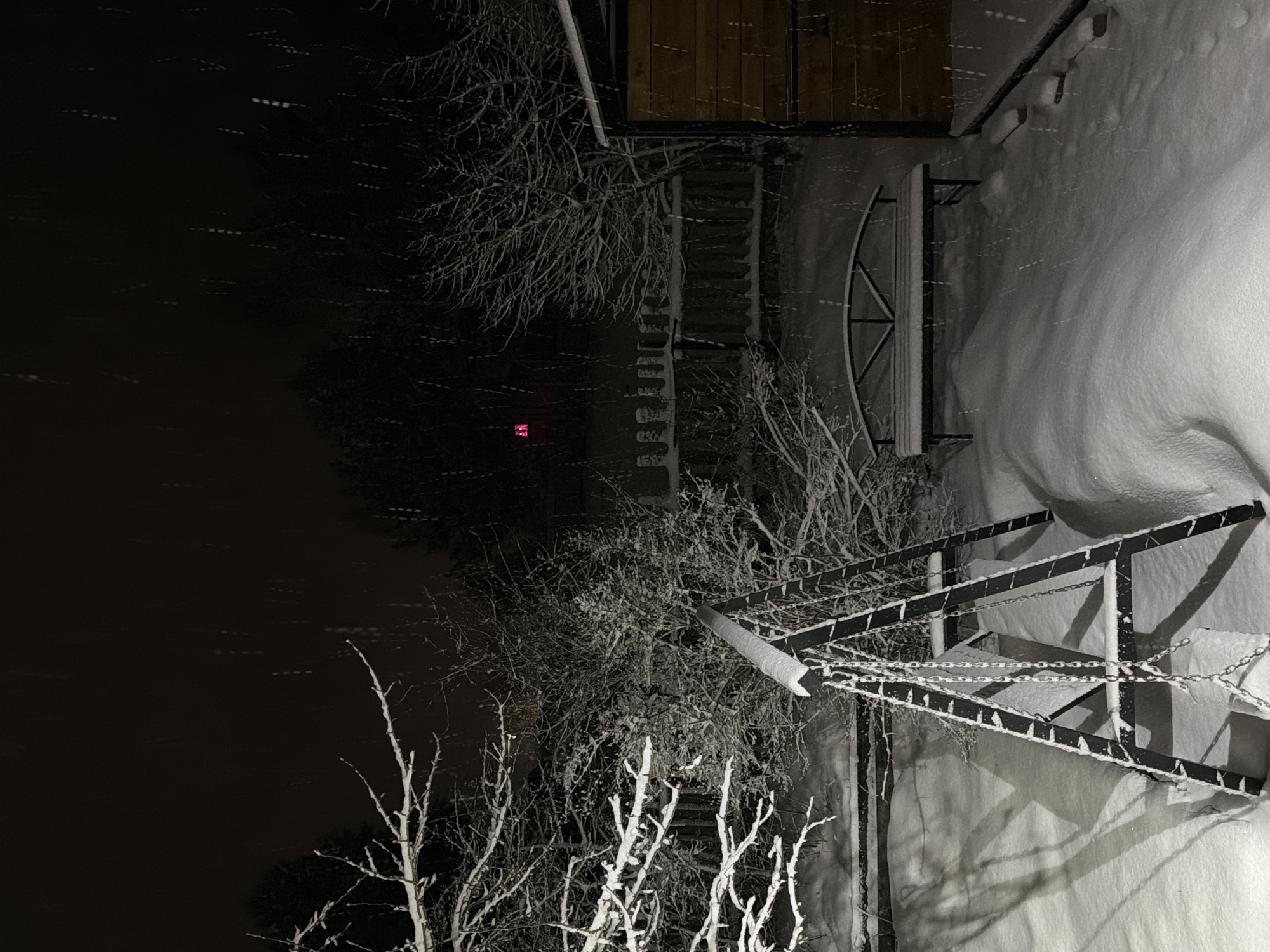 The image depicts a night scene of what appears to be a yard or outdoor area covered in snow, possibly located in Markovo, Russia, based on the prompt. There are bare trees and bushes visible, with snow clinging to their branches. A metal structure, possibly a gate or part of a fence, is also covered in snow. The scene is lit, and there is a red light in the distance on the left. It's snowing, as suggested by the blurred streaks throughout the image. The overall impression is a quiet, snowy night.