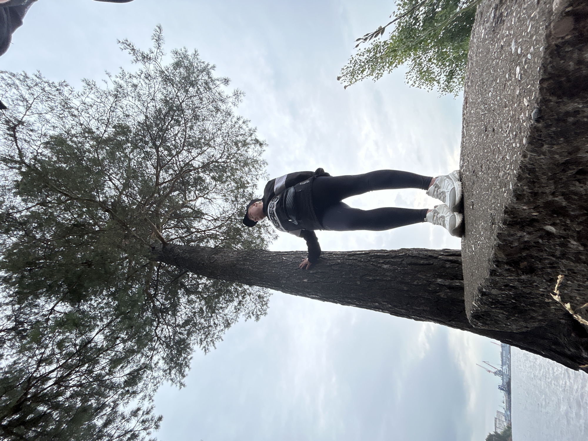 A person stands on a concrete ledge, with their feet on the ledge and their body balanced on a thick tree trunk that extends from the ledge. They are wearing black leggings, a black jacket with white stripes, and white sneakers. The person is wearing a black baseball cap. They are looking down and appear to be mid-movement, possibly posing for a photo or demonstrating balance.
The scene is outdoors with a cloudy sky. A large tree with sparse needles dominates the left side of the frame, its trunk curving around the concrete ledge. In the background, a body of water is visible, with industrial cranes and buildings on the far shore, suggesting a port or industrial area.
The overall impression is one of outdoor recreation or athleticism, with a focus on the person's daring pose. The cloudy weather and the somber tones of the tree and concrete suggest it could be a cooler day. The visible text on the person's jacket reads "GUESS".