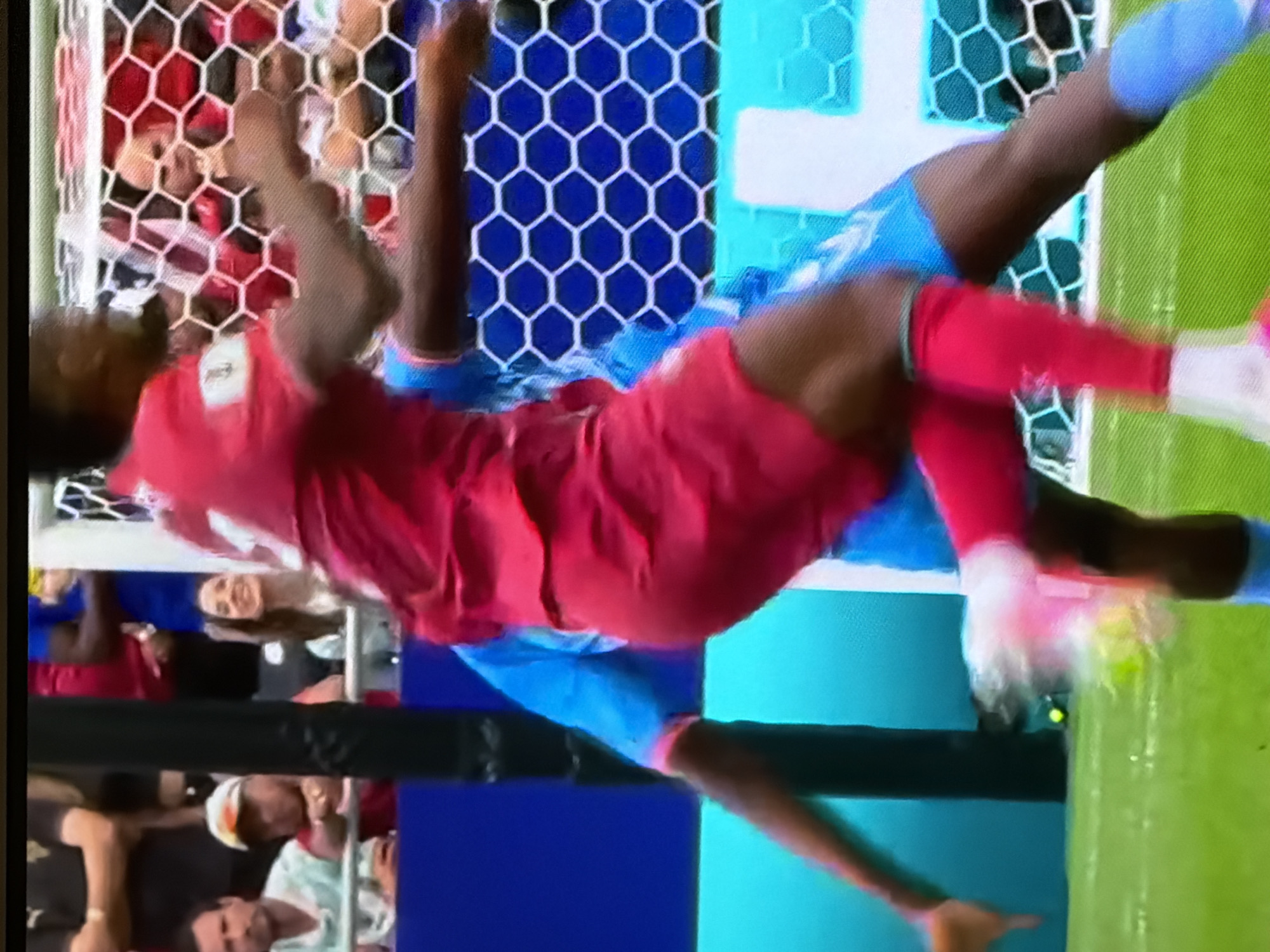 In an outdoor sporting arena, two male athletes are engaged in a soccer match. One athlete, wearing a red jersey and blue shorts, is in mid-stride, his right leg extended forward and left leg bent. The other athlete, wearing a blue jersey and red shorts, is positioned behind and to the side of the first athlete. He appears to be reaching for the ball, which is on the ground and partially obscured. The background shows a crowd of spectators in the stands behind a net, with some individuals blurred due to motion. The field is green grass, and there is a vertical black pole to the left of the frame. The image appears to be a still frame from a sporting event, likely a soccer game, given the uniforms, ball, and field. The location is not discernable from the image.