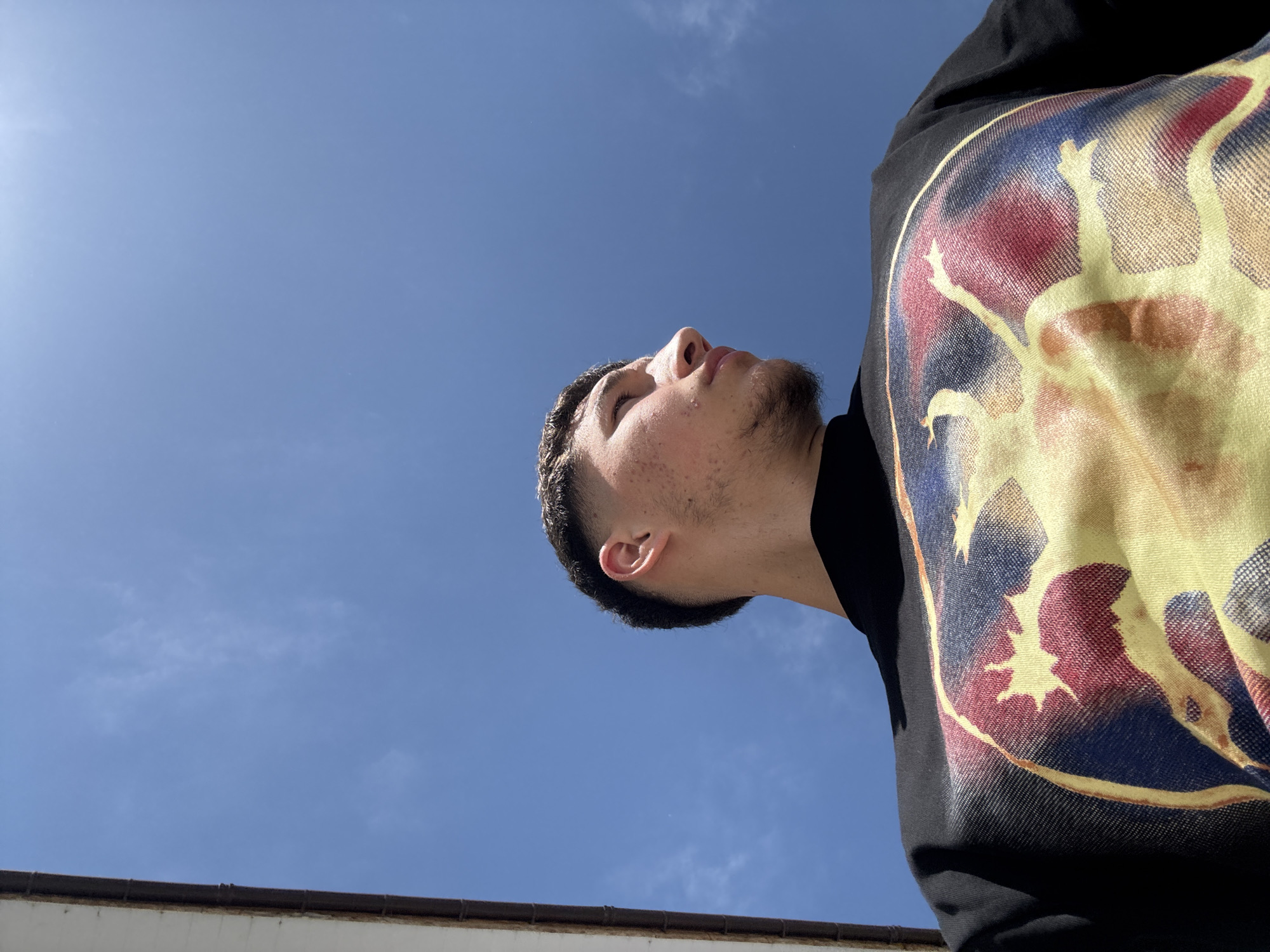 A low-angle shot captures a person looking upwards towards a mostly clear blue sky with some light, scattered clouds. A portion of a building roof is visible at the bottom left. The person is wearing a black shirt with a large, circular graphic in yellow, blue, and red. The location cannot be determined.