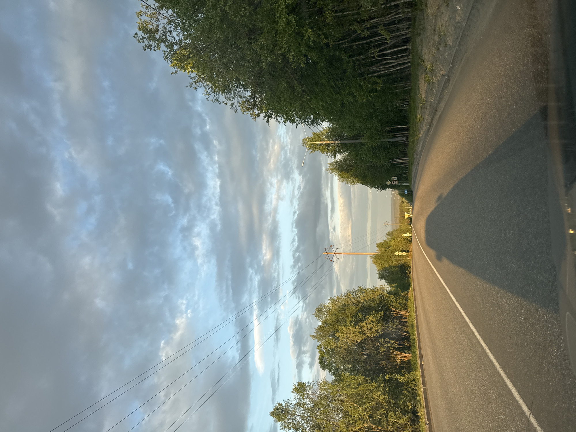 This image captures a two-lane asphalt road extending into the distance under a partially cloudy sky. The illumination is consistent with a low sun angle, suggesting either early morning or late afternoon/evening, casting a golden hue on some clouds and foliage. A prominent, elongated shadow, originating from the viewpoint of the photograph, stretches across the left lane of the road.
On the left side of the road, multiple parallel power lines traverse the upper frame, supported by a single wooden utility pole positioned mid-distance. A dense stand of deciduous trees with vibrant green leaves lines the road, exhibiting variations in height and density. On the right side of the road, another thick growth of deciduous trees, possibly birch given their slender, light-colored trunks, forms a distinct boundary. A modern-style streetlight fixture on a metal pole is visible amongst these trees further down the road. The road surface is dark asphalt with a distinct white solid line marking the center or edge of the left lane. Road signs are faintly discernible in the distance on the right side. No individuals are visible in the scene. The overall environment suggests a road in a forested or semi-forested area, consistent with the landscape found in the vicinity of Apatity, Russia.