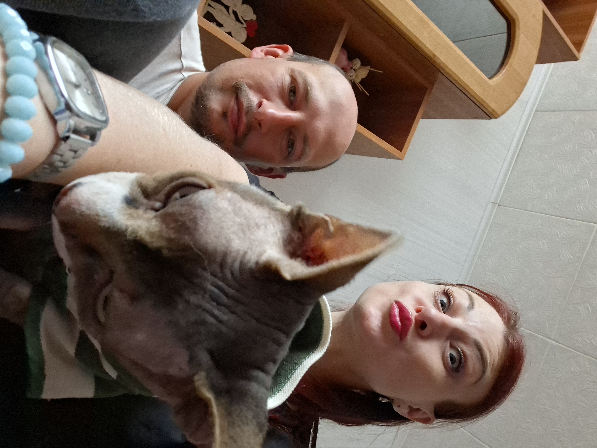 A low-angle selfie captured indoors features two individuals and a Sphynx cat. The cat, prominent in the central foreground, exhibits greyish-brown wrinkled skin and large ears, wearing a green and white striped garment, and is looking downwards and to the left. Its body partially obscures the two people behind it. In the upper right background, a woman with reddish-brown hair, wide eyes, and bright red lipstick makes a "duck face" expression, wearing a dark top and small metallic earrings. In the lower left background, a bald man with a mustache and short beard looks directly at the camera with a neutral expression. He is wearing a white t-shirt, a silver-toned wristwatch, and a light blue beaded bracelet on his left wrist. The background features light brown wooden shelving units, one with an arched glass section, containing decorative items such as small white figurines and dried bundles. A white wall or ceiling with a subtle raised pattern and a white molding strip is visible above the furniture. The precise location within Забалоцкі сельскі Савет, Belarus, cannot be determined from the visual information provided.