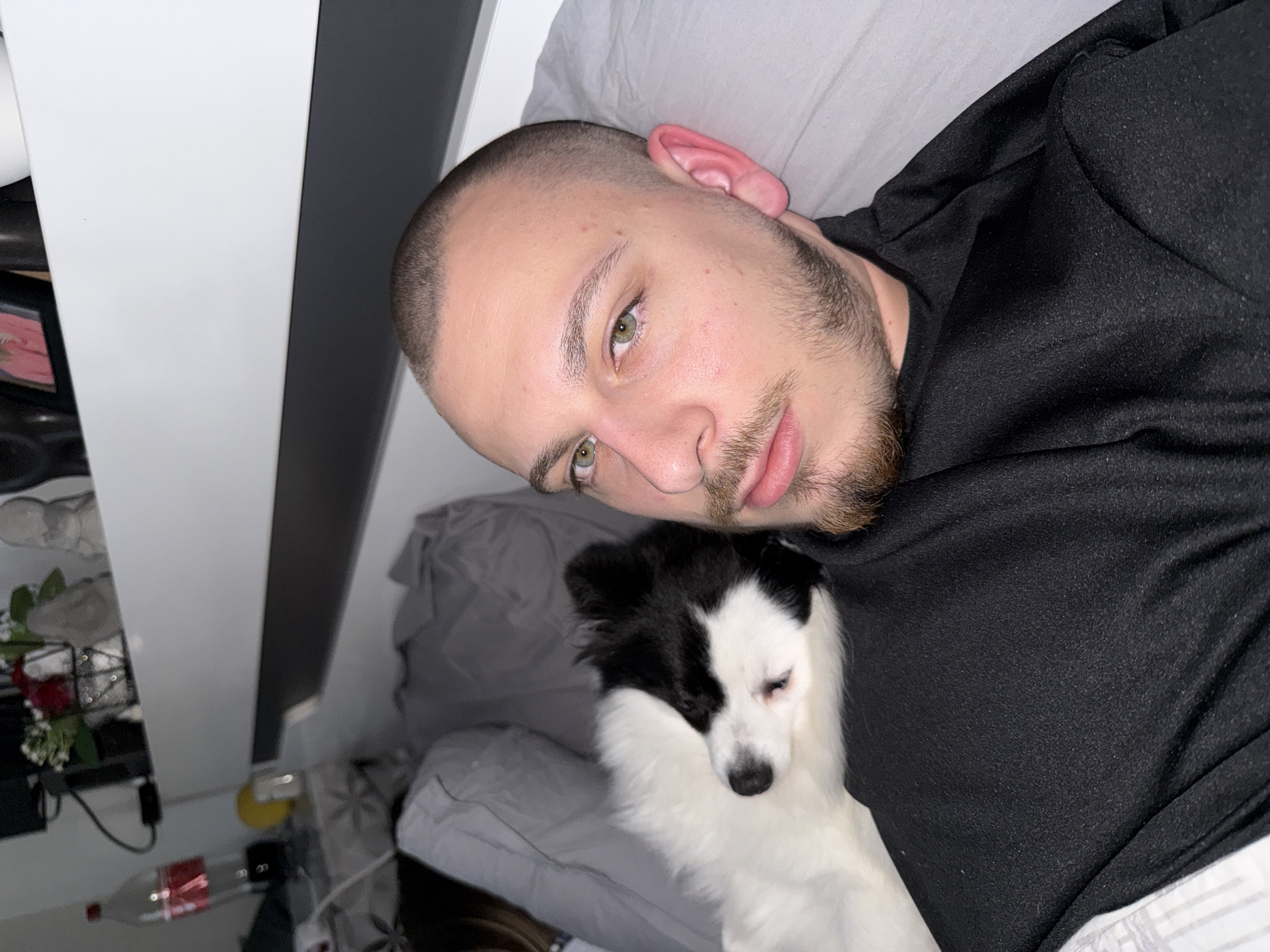 A close-up shot depicts a man lying on a bed with a black and white dog nestled against him. The man has a shaved head, a light beard, and light green eyes. He is wearing a black shirt and is lying on a grey pillow and blanket. The dog is mostly white with black patches around its face and ears. The dog appears to be sleepy, with one eye partially closed. To the left of the man and dog is a white wall or shelf. In the background, there are various objects, including a clear plastic bottle with red liquid. The scene is softly lit. The location, Stara Zagora, Bulgaria, cannot be determined from the visual information.