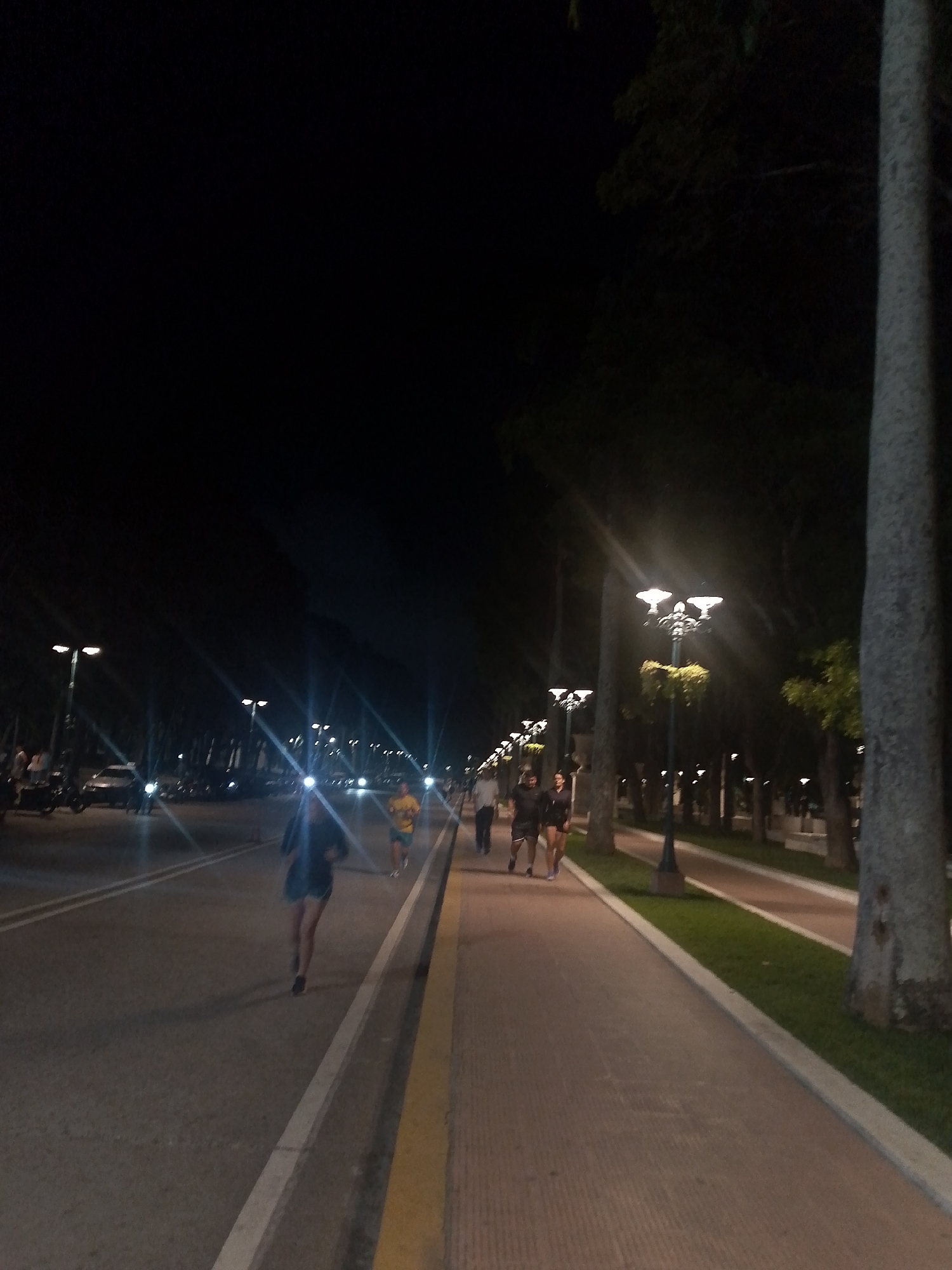 The image depicts a nighttime scene along a well-lit street or promenade. The environment appears to be an urban setting with a paved road on the left and a pedestrian walkway or bike path on the right, separated by a grassy median. Several lampposts with multiple lights illuminate the area, casting bright rays. Trees line the right side of the walkway, with their trunks visible and foliage indistinct in the darkness.
On the road, several people are visible. In the foreground left, a person is running, wearing dark clothing and shorts. Further down the road, another person is running wearing a yellow shirt and dark shorts. In the background, more individuals and vehicles, including motorcycles and cars, are present.
The walkway on the right shows a few people walking. In the mid-ground, a couple is walking together, both in dark athletic wear. Further down the walkway, more people are seen walking, and the path curves gently out of view.
The overall impression is an active public space at night, likely a park or a well-maintained avenue, where people are engaged in activities such as running and walking. The scene suggests a safe and inviting environment for evening recreation within the city.
