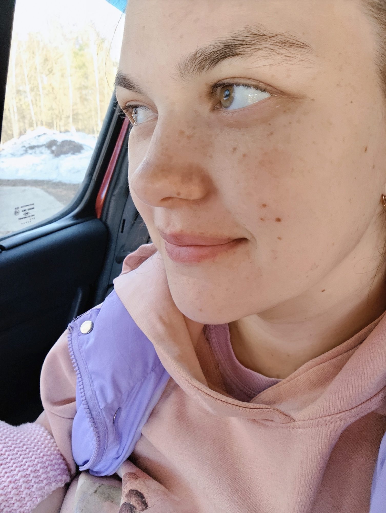 A close-up shot features a light-skinned woman with freckles, looking towards the left. She is inside a red car, gazing out the window. Outside the window, a snowy landscape with bare trees is visible. She is wearing a pink hoodie with a lavender vest. The location is likely Chaikovsky, Russia, based on the prompt.