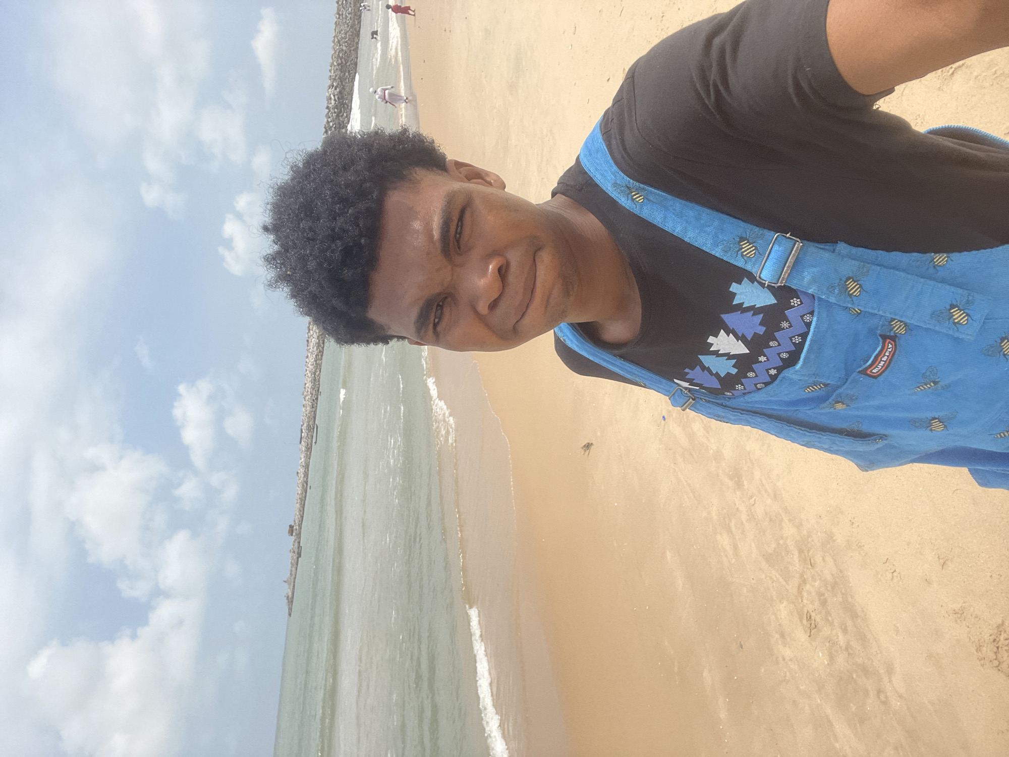 A young Black male is taking a selfie on a sandy beach in Ilado, Nigeria. The sky is partly cloudy with white clouds scattered across a light blue expanse. The ocean, a muted green, meets the shore with gentle waves. In the background, a stone jetty extends into the water, with a few small boats visible. Further down the beach, several figures, including a person in a white garment and another in red, are walking near the water. The man in the foreground is wearing a black t-shirt with a blue and white abstract pattern featuring trees and snowflakes, and bright blue overalls adorned with a bee pattern. His expression is a slight grimace. The sand is light brown and appears damp near the water's edge.
