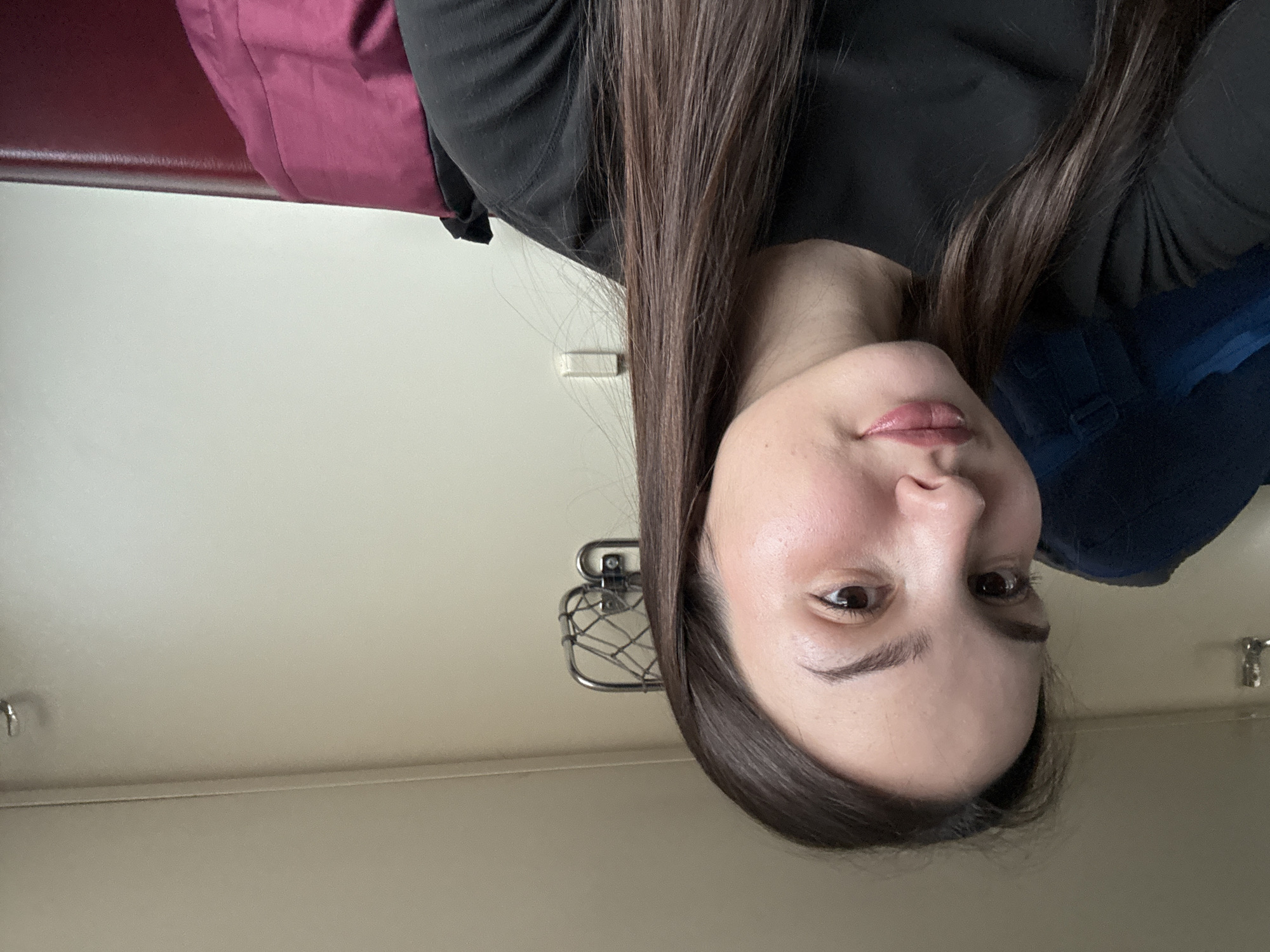 An adult female is depicted in a self-portrait taken inside a passenger train car, contextualized as operating within or around Usolye-Sibirskoye, Russia. The subject occupies the left half of the frame, showing her from the chest up. She has long, dark brown hair parted slightly off-center and fair skin, with minimal visible makeup and light pink lip color. She wears a black top and maintains a neutral expression with a slight smile, gazing slightly to the left of the camera's lens.
The background shows the interior of a train compartment with light-colored (beige/off-white) walls and ceiling. Visible features include a metal luggage rack with a mesh net above the subject's right shoulder and a single metal coat hook in the upper left corner. A maroon upholstered seat back is visible along the right edge of the frame, with a maroon fabric item draped over it. A blue bag or object is partially obscured behind the subject's left shoulder. The scene is illuminated by ambient light consistent with an indoor train environment.