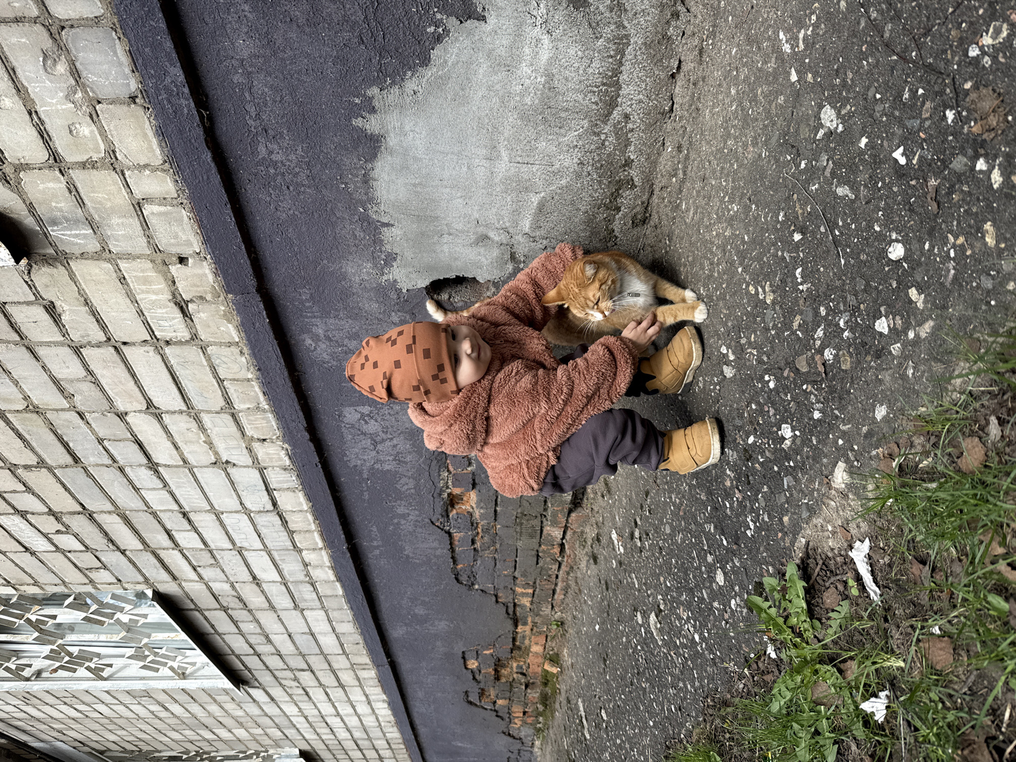 A child in brown clothing and a hat is sitting on a concrete surface, petting an orange cat. The surface appears to be a pavement or sidewalk area. In the background, there's a building wall constructed from gray blocks. To the right of the child and cat, there is a patch of grass and some debris on the concrete. The image was taken in Rusanovo, Russia.