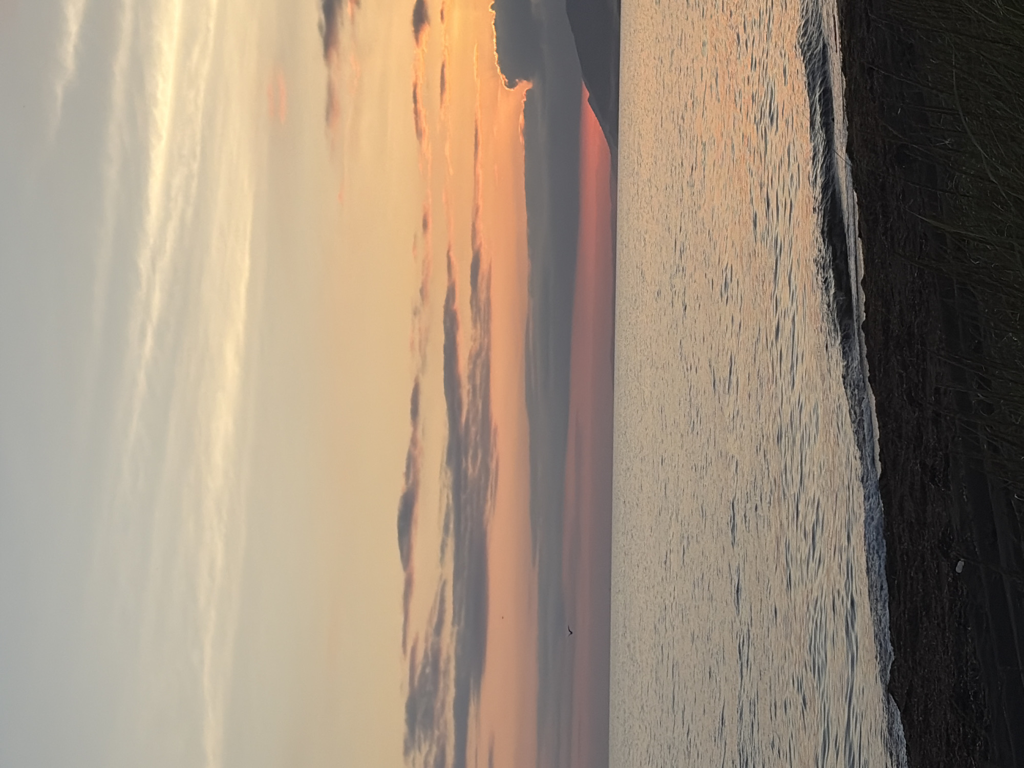 The image depicts a serene sunset over the sea, likely at the Ozerskoe reservoir in Ozersk, Russia. The sky transitions from pale blue at the top to hues of orange and pink closer to the horizon, with wispy clouds scattered throughout. The calm, reflective surface of the water mirrors the colors of the sky. In the foreground, a dark, sandy shore is visible, with a few blades of grass growing along the edge. A small wave is gently lapping at the shore. The silhouette of a distant landmass, possibly a hill or mountain range, is faintly visible on the right side of the horizon. A lone bird is seen flying in the distance. The overall atmosphere is tranquil and peaceful.