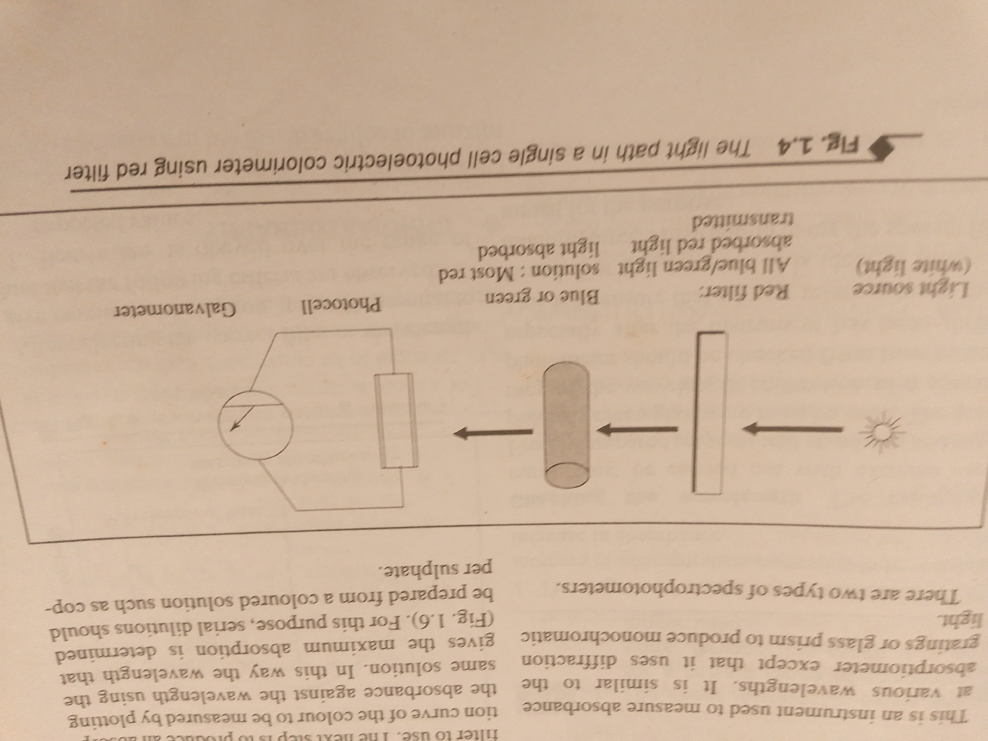 The image shows a diagram illustrating the light path in a single-cell photoelectric colorimeter using a red filter. The diagram is labeled with text in English and includes a light source, a red filter, a cuvette containing a solution, a photocell, and a galvanometer. The text explains the function of each component and the overall process of measuring absorbance. Specifically, it notes that blue or green light is used to measure the absorbance of red light by the solution, and all blue/green light is absorbed by the filter. The diagram also indicates that the transmitted light hits the photocell, which is connected to a galvanometer to measure the light intensity. The text describes this as a method to determine maximum absorption, which is used in spectrophotometers. The illustration is accompanied by descriptive text providing further details about the instrument's use and the preparation of solutions for measurement. There are no people, weather, time of day, or emotions depicted, and the setting is a technical diagram. The image is clearly from an educational or scientific context, likely a textbook or manual.