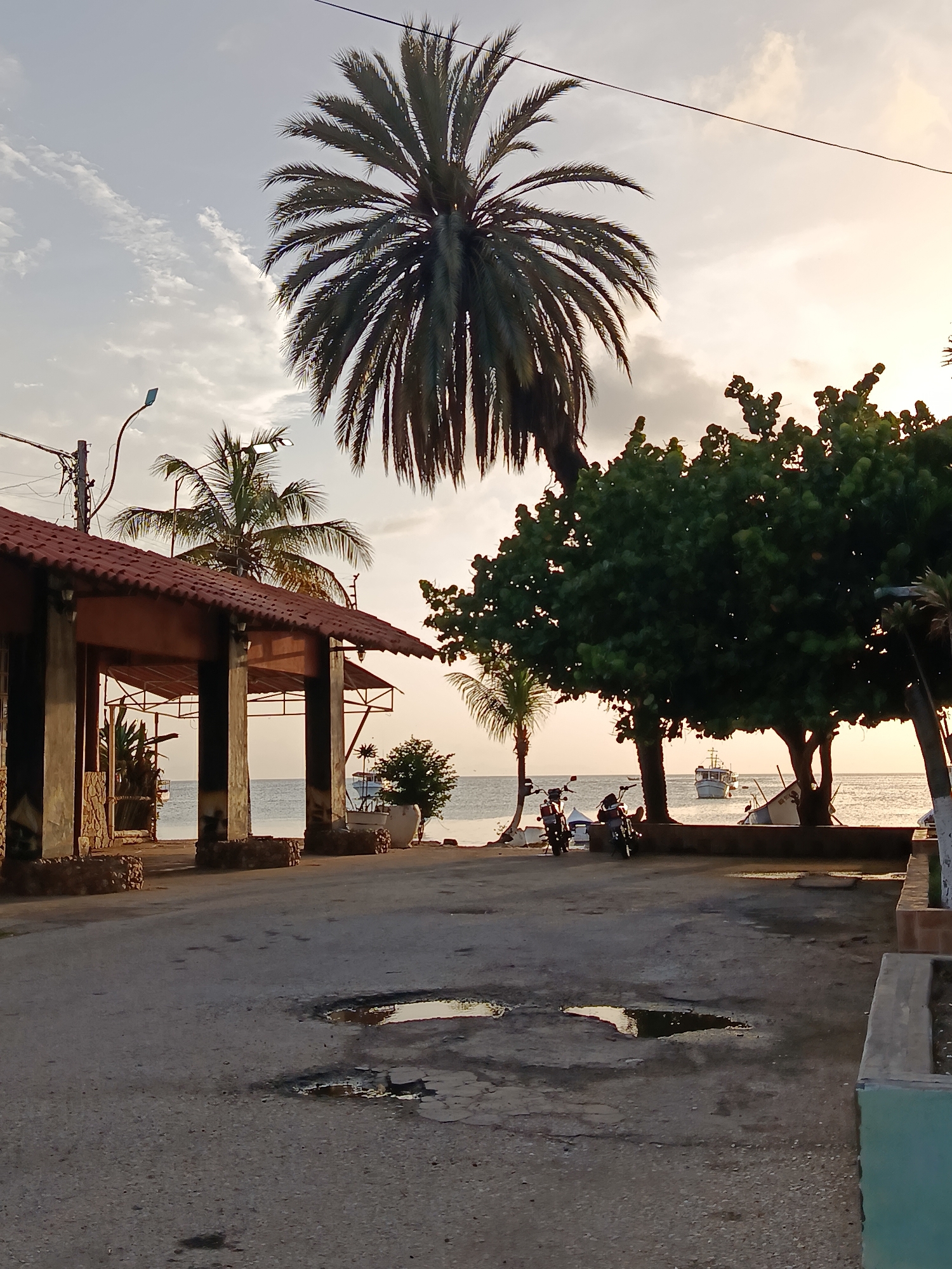 The image depicts a waterfront scene in Juan Griego, Venezuela, likely during the late afternoon or early evening, given the soft, warm lighting. In the foreground, a paved area with visible puddles and some damage suggests a well-trafficked but not meticulously maintained location. To the left, a covered structure with a tiled roof and sturdy pillars, possibly a restaurant or open-air establishment, is visible. Beyond this structure, a sandy beach meets the calm waters of the sea. A large palm tree dominates the upper left portion of the image, its fronds spread wide against a cloudy sky.
In the mid-ground, two motorcycles are parked on the paved area. A line of trees and smaller palm trees separates the paved area from the beach. Further out on the water, several boats are visible, including a larger fishing vessel in the center. The overall impression is one of a relaxed, coastal environment. The scene is devoid of people.