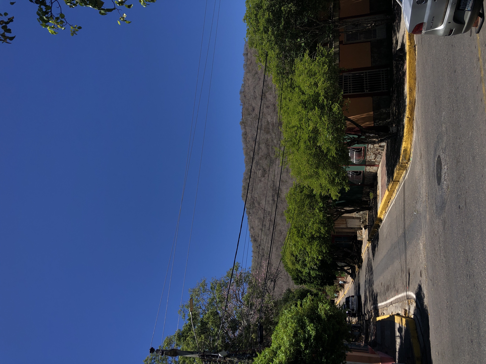 This image captures a bright, sunny street scene with a prominent mountain backdrop. The perspective is from slightly above street level, looking down a road that curves gently to the right.
In the foreground, a paved asphalt road is visible with a distinct yellow curb lining its edge. Strong shadows from trees and buildings stretch across the road, indicating a clear, sunny day. A silver car is parked on the right side, partially visible, with a license plate showing "AH0". Further down the street, another dark-colored car is parked.
The midground features lush green trees lining the street, casting shadows. Some trees have touches of pink blossoms, possibly jacarandas. Behind the trees, various buildings, likely houses or businesses, are visible, characterized by their windows and security bars. A network of power lines crisscrosses the sky above the street and trees.
Dominating the background is a large, dry, and rocky mountain, rising steeply and appearing sparsely vegetated compared to the trees lining the street. Above the mountain and extending across the upper portion of the image is a vast expanse of clear, deep blue sky. The overall impression is one of a warm, bright day in a mountainous urban or semi-urban setting.