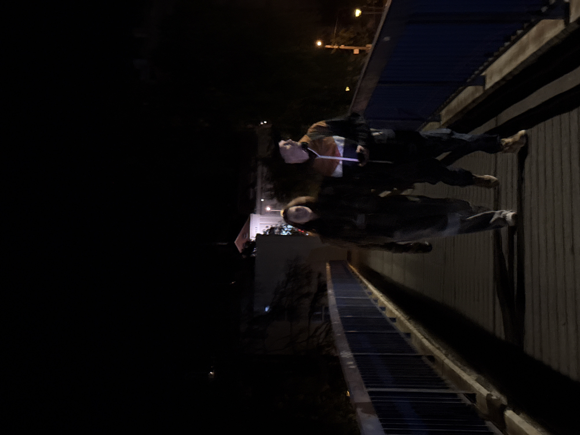 The image depicts a nighttime scene in what appears to be an urban environment, likely Vozdovac Urban Municipality, Serbia. The photograph is rotated 90 degrees clockwise, giving the impression that the subjects are standing on a vertical surface that is actually the ground or walkway.
Two individuals are present on what seems to be a bridge or an elevated walkway. In the foreground, a person, possibly a woman, with dark hair, wears a dark jacket. Her face is partially illuminated. Behind her stands another person, likely a man, dressed in an orange and brown jacket over a lighter shirt and dark pants. He holds a long, glowing white object, possibly a light stick or a phone, which casts light onto his face and upper body. Both individuals appear to be either standing still or casually walking.
The walkway features a dark metal railing on the right, running parallel to a textured wall or barrier. In the dark background, several distant artificial lights are visible, resembling streetlights or lights from buildings. A building with some illuminated sections can be discerned further in the distance to the left, alongside some dark tree silhouettes. The overall setting is dark, with illumination primarily from artificial sources and the object held by one of the subjects. There is no visible text in the image.