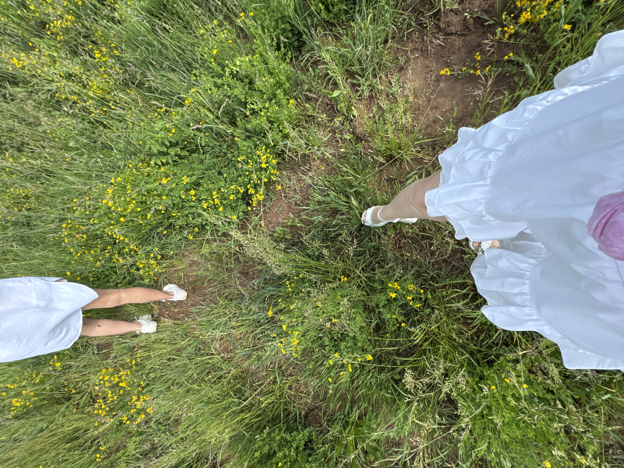 The image shows two individuals walking through a grassy field with scattered yellow wildflowers. The perspective is from above, looking down at the legs and feet of the individuals. The first individual, further away, is wearing a white dress and white sneakers. The second individual, closer to the camera, is wearing a white ruffled dress and white sandals. Both are walking on a dirt path. The environment is rural, with abundant green grass and small yellow flowers. There are no visible buildings or urban structures, consistent with a location like the village of Vanki, Russia, which is known for its natural landscapes. The lighting suggests it is daytime.