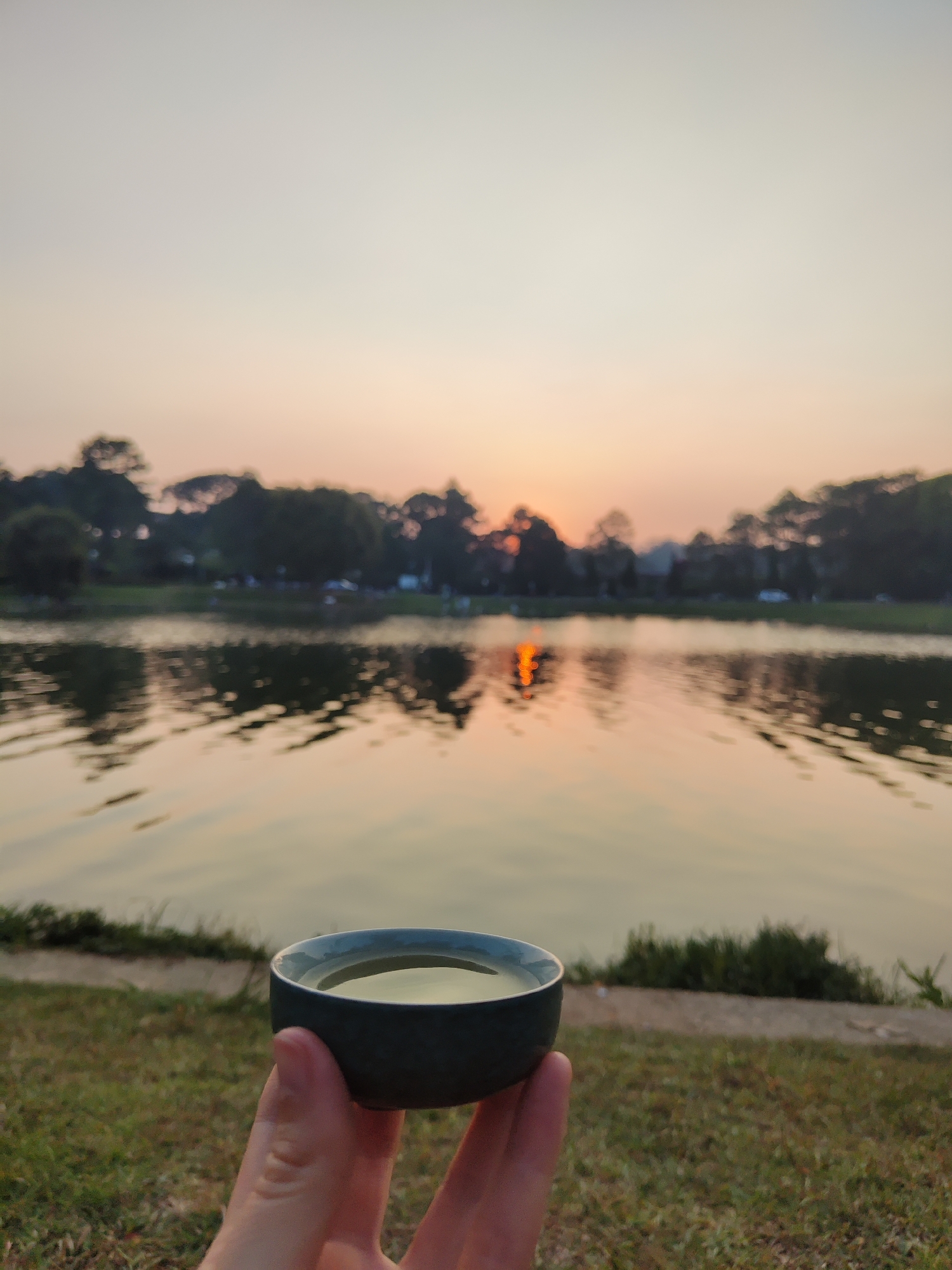 A hand holds a small, dark-colored ceramic cup with a pale liquid inside. The background is a blurred scene of a lake at sunset. The sun is setting behind trees on the far side of the lake, with a reflection visible in the water. The foreground also includes blurred grass and foliage. The picture was taken at Xuan Huong Lake in Da Lat, Vietnam.
