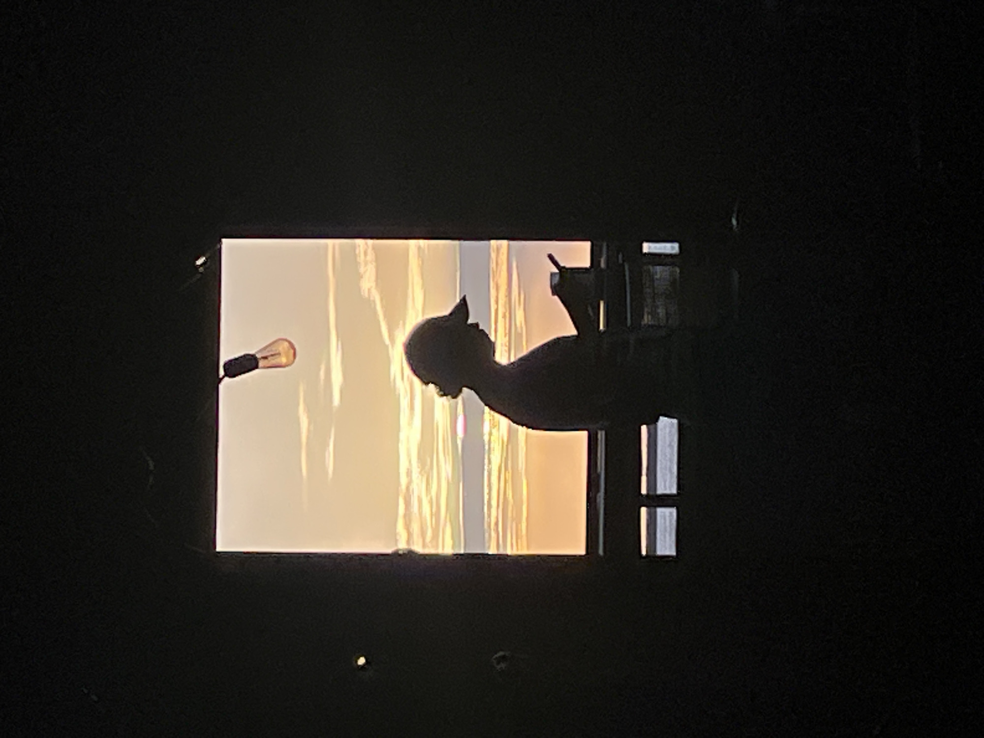 The image is taken from a dark room, looking out through a window at an illuminated scene. A silhouetted figure wearing a cap is seen leaning out the window, holding something in their hand. Beyond the figure and window frame, there is a bright scene that appears to be the coastline at sunset in Arica, Chile. A light bulb is suspended on the left side of the illuminated space. The scene evokes the atmosphere of a warm, coastal evening.