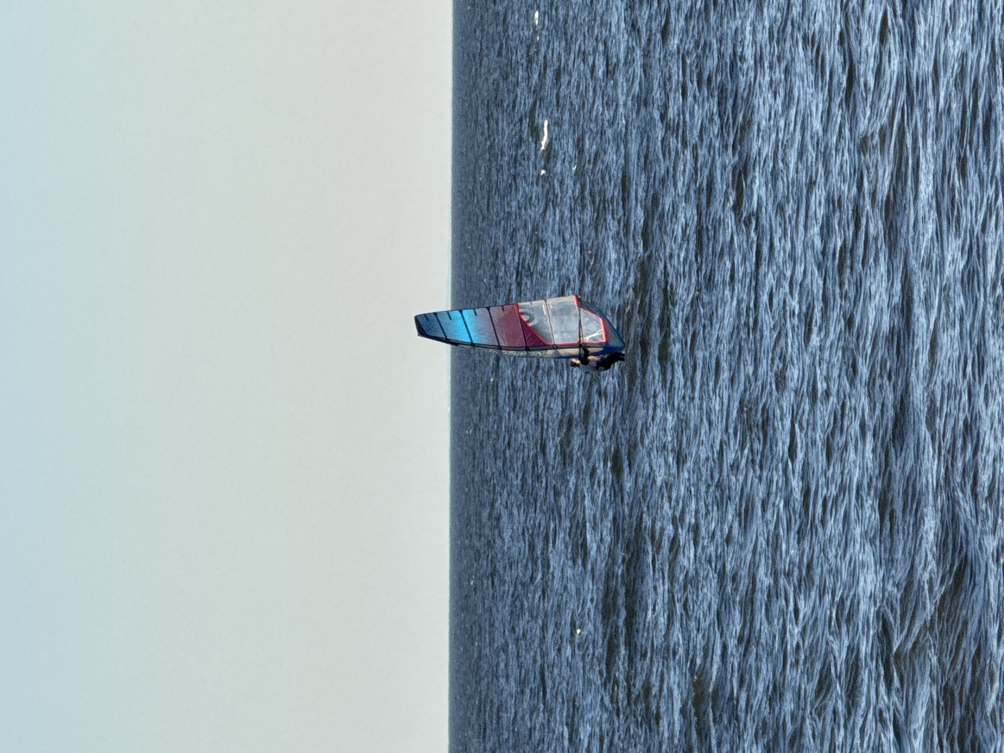 A lone windsurfer is pictured on the dark blue waters of the Black Sea near Zelenaya Roshcha, Russia. The windsurfer is positioned on the right side of the frame, with a colorful sail, predominantly blue and pink, catching the wind. The sea is moderately choppy, with small waves rippling across the surface. The horizon is clearly defined, separating the dark water from a pale, almost colorless sky. The scene suggests a bright, clear day with moderate wind conditions suitable for windsurfing.