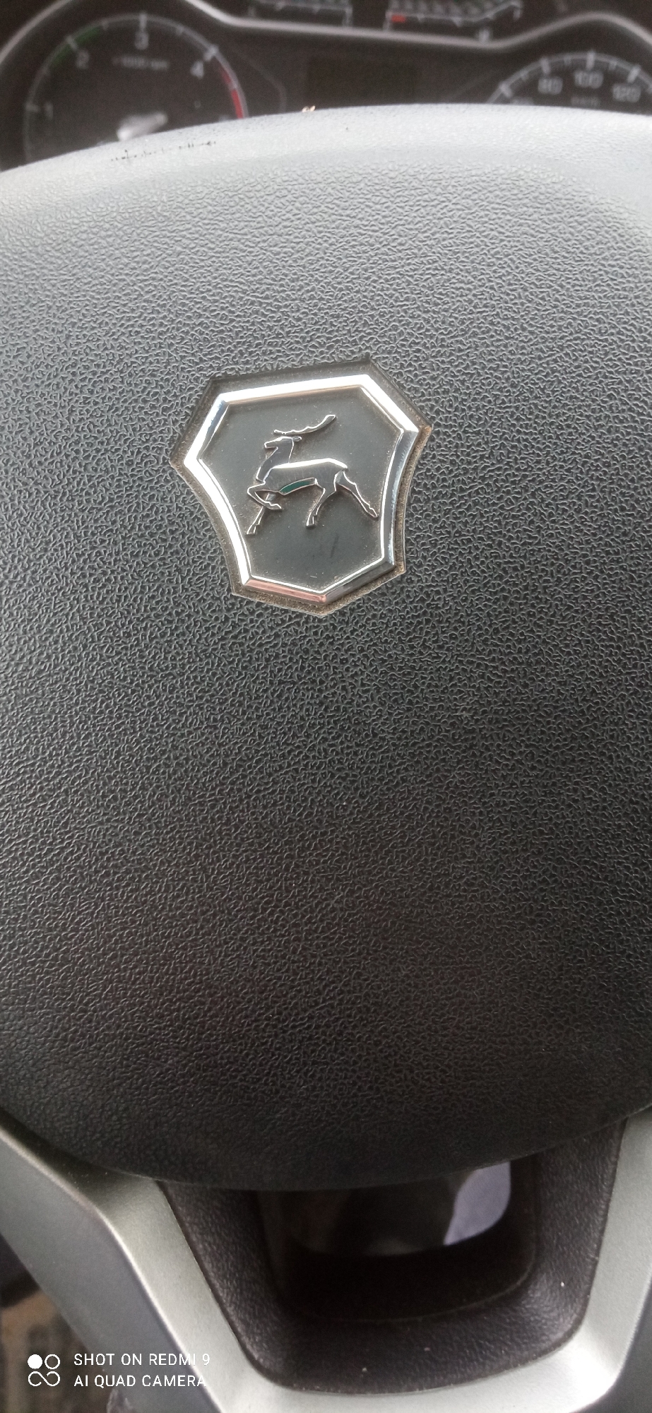 A close-up photograph shows a black steering wheel with a chrome-trimmed emblem featuring a leaping deer. The emblem is centrally positioned on the steering wheel. The steering wheel's surface has a textured, grainy appearance. In the background, a portion of the car's dashboard and instrument cluster is visible. The bottom left corner of the image contains a watermark indicating it was "SHOT ON REDMI 9 AI QUAD CAMERA." There is no information to suggest the location of the image to be in the city of Ольховка, Russia.