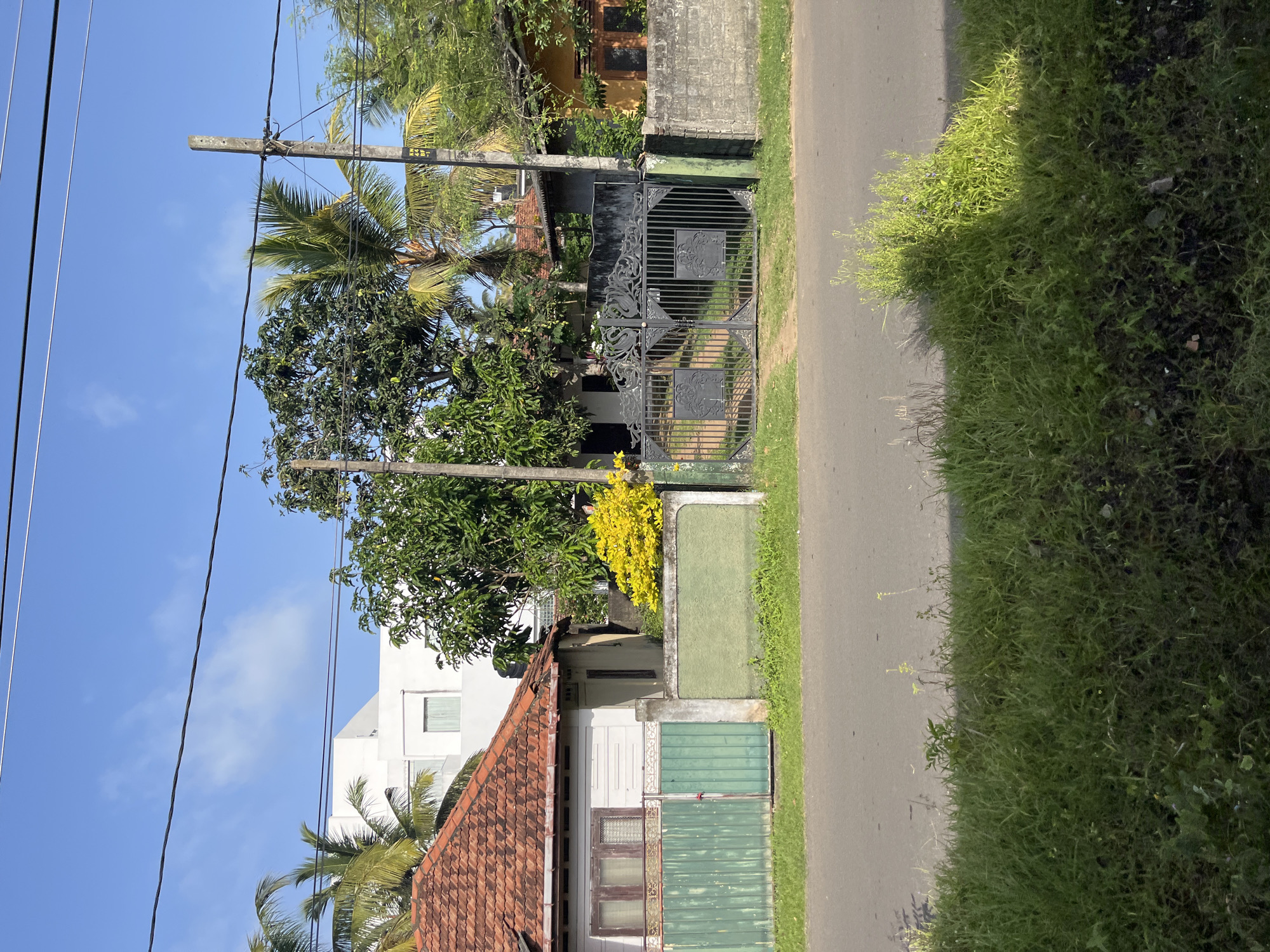 The image depicts a street scene in Kalutara, Sri Lanka, under a bright blue sky with scattered clouds. On the left, a traditional house with a red tile roof and white wooden siding is visible, featuring a green metal gate. Adjacent to it, a modern white building with a flat roof stands out. In the center, an ornate black metal gate marks the entrance to a property. Beyond the gate, lush green trees and palm trees create a tropical atmosphere. A concrete wall borders the properties, and a paved road runs along the foreground, with a grassy verge on the right side. The scene appears peaceful, with no people or vehicles present, suggesting a typical day in this Sri Lankan city.