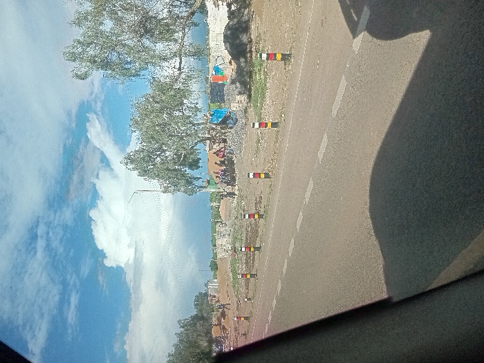The image displays a roadside scene in Naro Moru, Kenya, under a blue sky with scattered white clouds. The perspective is from within a vehicle, with the dark grey interior frame partially visible on the left and a vehicle's shadow cast onto the asphalt road in the lower right. The road features white dashed lane markings. Along the dirt shoulder to the right, a line of approximately seven cylindrical bollards, each painted with alternating black, red, yellow, and white stripes, is visible.
On the right side of the frame, a group of approximately 5-7 individuals is seated on the ground under a large tree with light green foliage. Near this group, piles of what appear to be construction materials or debris are present, along with low, partially constructed or dilapidated structures. Brightly colored fabrics or items are affixed to one of these structures. A utility pole with overhead power lines stands near the group. Further in the background, a person is visible walking on the left side, and additional trees and various low-rise structures are scattered across the landscape. The environment appears dry and dusty.