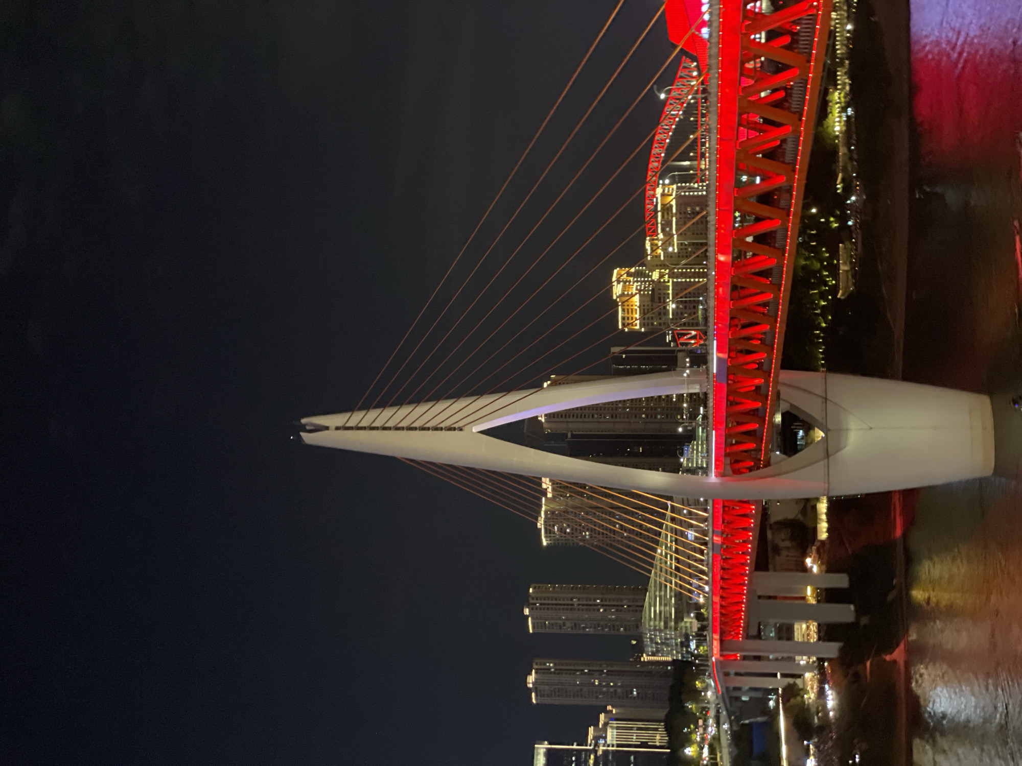 The image depicts a night view of the Hongyadong Bridge in Yuzhong District, China. The bridge is illuminated with bright red lights, creating a vibrant contrast against the dark night sky. A large, white, V-shaped pylon stands prominently on the right side of the frame, supporting numerous red cables that extend across the bridge. In the background, several tall buildings with illuminated windows are visible, forming a city skyline. The reflections of the bridge lights can be seen on the dark water surface in the foreground. No people or vehicles are clearly discernible in the image.