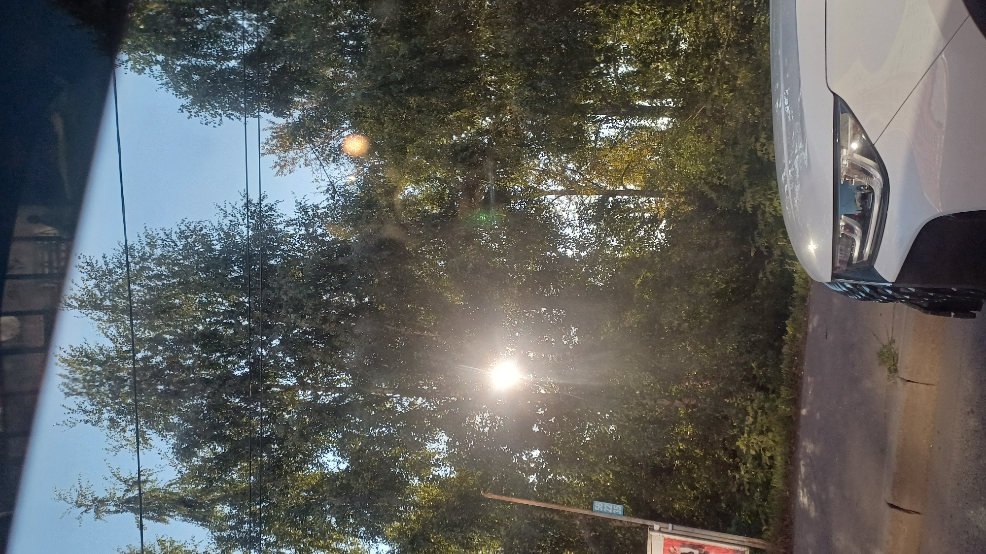 A white SUV is parked on a roadside with lush green trees and foliage in the background. The sun is shining brightly through the trees, creating a lens flare effect. The sky is clear blue. A pole with some signage is visible to the left of the image. The foreground shows the hood and headlight of the SUV. The scene appears to be in a natural or suburban area.