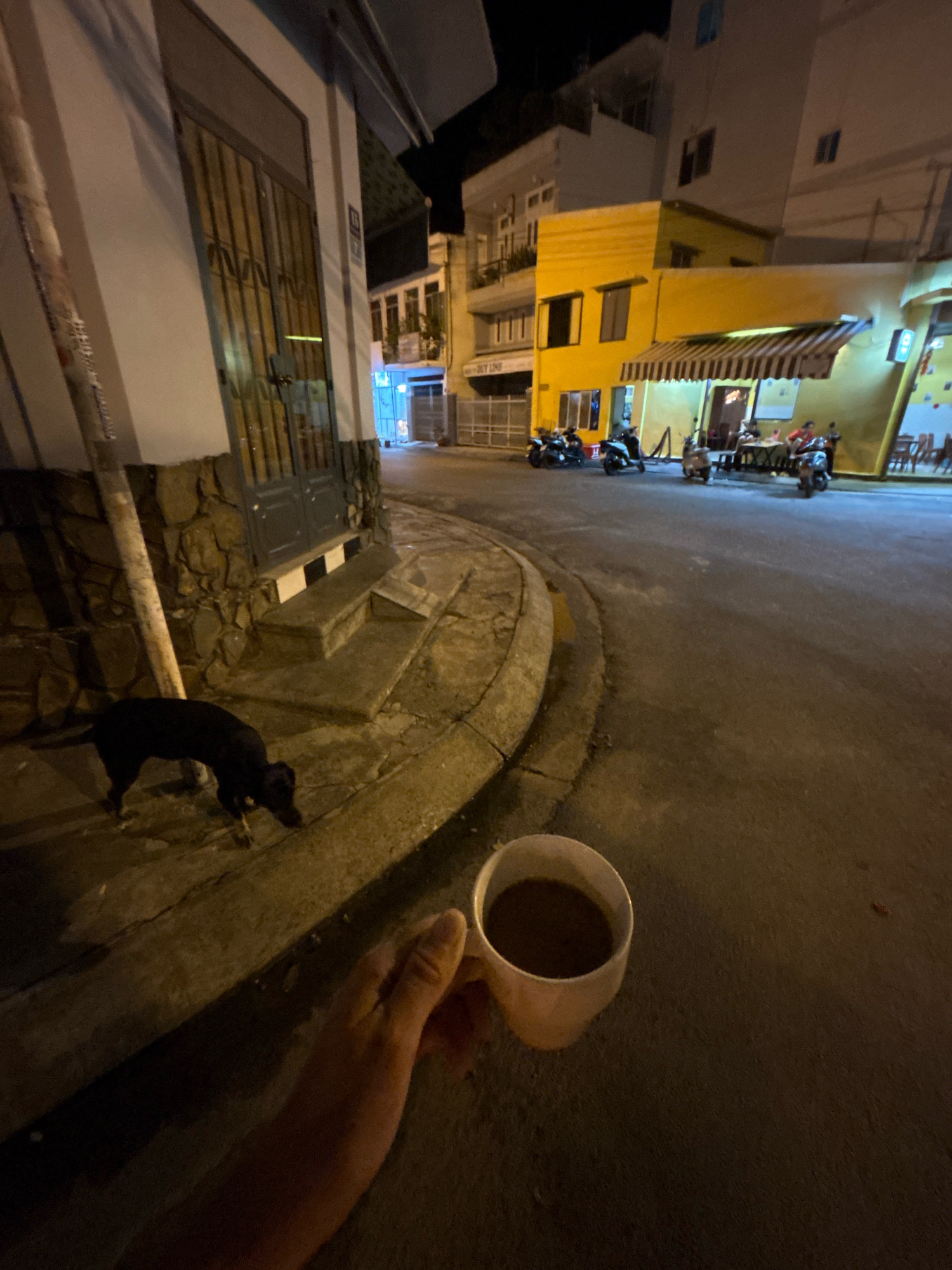 A first-person perspective shot at night on a street in Nha Trang, Vietnam, shows a person holding a cup of coffee. The street is paved and curved, with a sidewalk bordering the buildings. A black dog is on the sidewalk, sniffing at the ground. A building with a white facade and a dark-colored door with metal bars is to the left of the frame. To the right, a yellow building with awnings and outdoor seating is illuminated. Several motorcycles are parked in front of the yellow building. The overall lighting suggests it is nighttime.