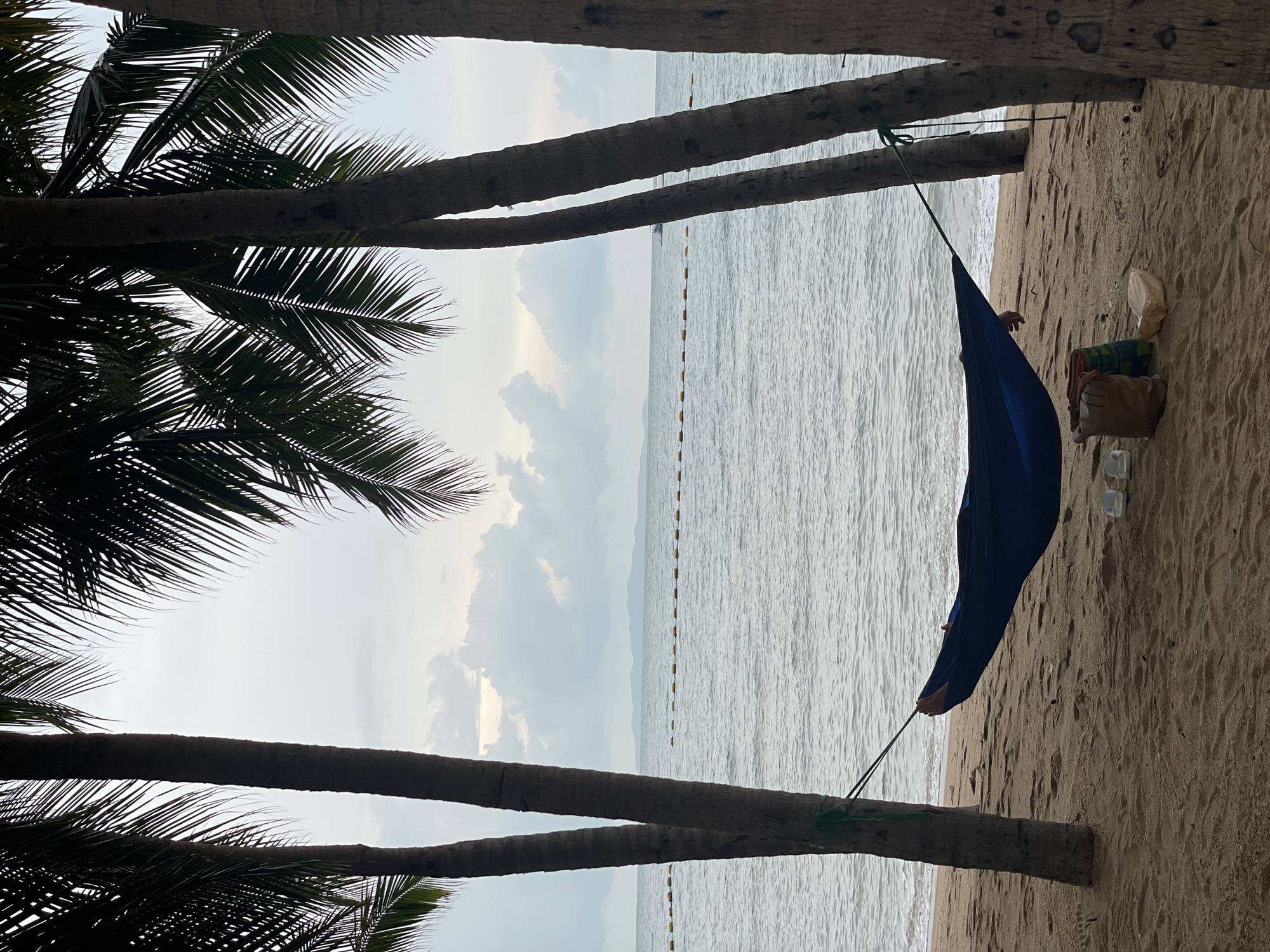 The image depicts a beach scene, likely in Pattaya City, Thailand, framed by the trunks and fronds of palm trees. A blue hammock is slung between two trees, with a person visible inside. Beside the hammock, items, possibly belongings, are resting on the sand. The sea stretches into the distance under a cloudy sky, with a string of buoys marking a boundary in the water. The beach appears sandy, and the overall scene conveys a sense of relaxation.
