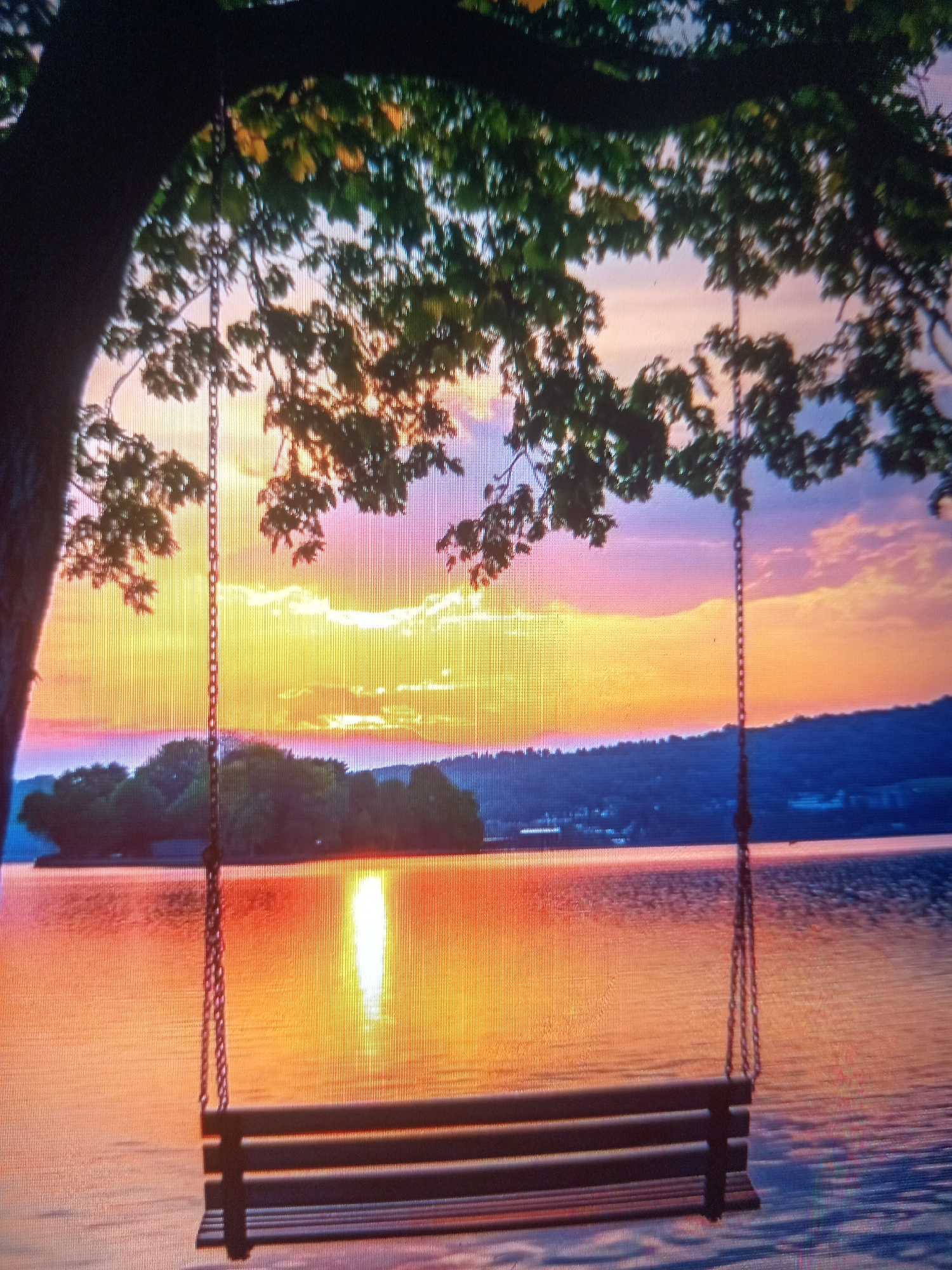 An outdoor, eye-level shot features a rustic wooden swing hanging from a tree branch and suspended over calm water. The sun, just above the horizon, casts a vibrant orange and yellow glow across the sky and reflects on the water, creating a serene sunset scene. In the distance, a tree-covered island and a hilly coastline are visible. The swing is empty and appears to be made of dark wood with metal chains. The branches and leaves of a large tree frame the top of the image.
