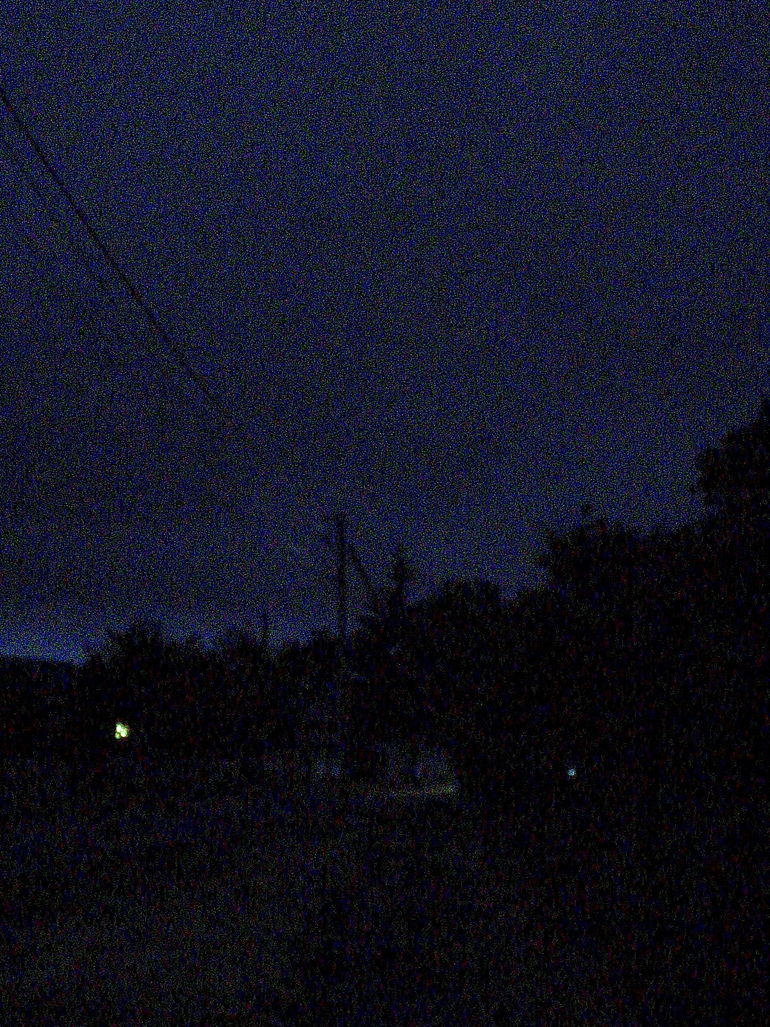 The image depicts a dark, grainy scene that appears to be taken at night in a rural or suburban area. The sky is a deep blue, suggesting twilight or nighttime. A faint light, possibly from a streetlamp or a distant building, is visible on the left side of the image. Silhouetted trees and foliage form a dark line across the bottom of the frame, obscuring the ground. A single, faint blue light is visible in the upper right quadrant of the image, and another brighter, yellowish light is visible in the mid-left area. There are no people or discernible structures within the frame. The overall impression is one of a quiet, undeveloped area at night. Based on the provided information, this scene is located in Ustyvytsia, Ukraine.