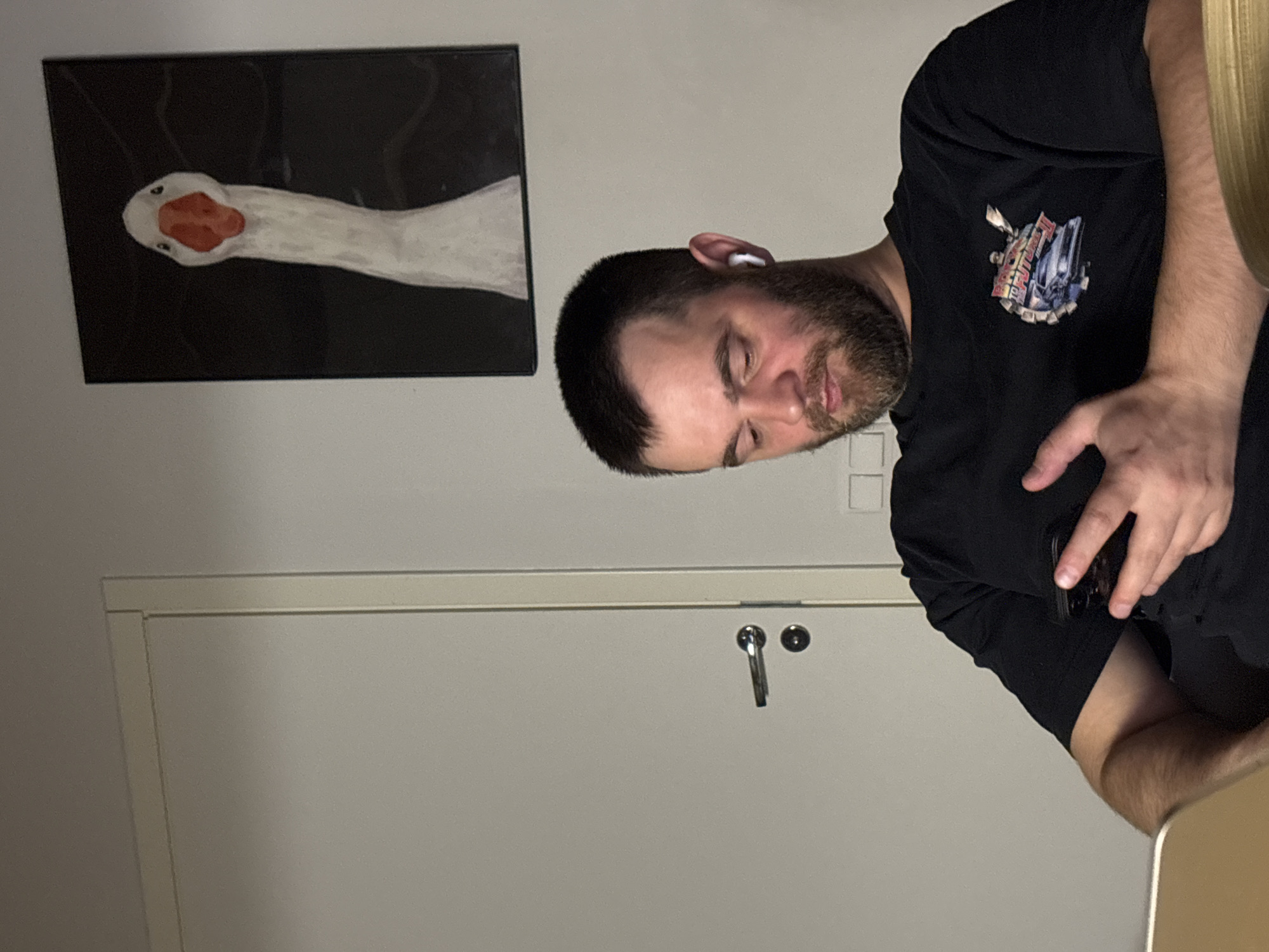 A man with a beard and a black t-shirt featuring a Back to the Future II graphic is holding a black phone. He has a white wireless earbud in his left ear. Behind him is a light-colored wall with a black-framed artwork of a goose on it and a door with a handle. No location information is provided.