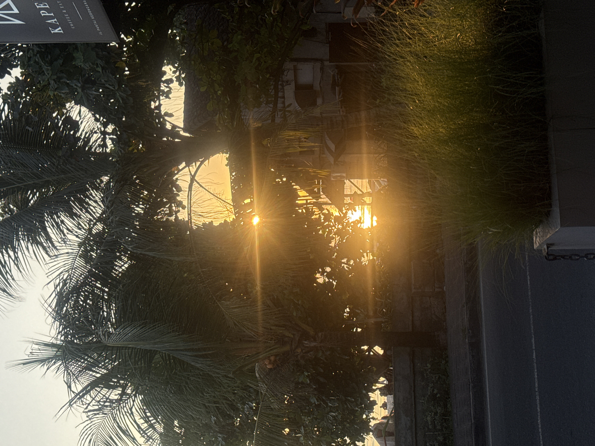 The photograph depicts a street scene in Kuta, Indonesia. The sun is setting, creating a strong glare through the palm trees and other foliage that line the street. A sign reading "KAPE" is partially visible. The road is asphalt and there is dense green grass on the side of the road. The photo is taken from a low angle, looking up towards the sky.