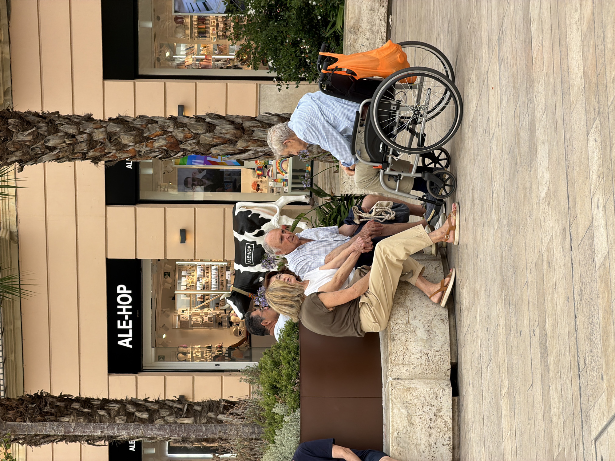 An outdoor scene features four people seated on a stone bench and in a wheelchair. To the left, a person wearing a dark t-shirt is partially visible. Next to them, three individuals are seated closer together on a stone bench. The woman in the center is wearing a brown top and tan pants, with her arm resting on the shoulder of the woman next to her, who wears a white shirt. An older man with gray hair sits to the right of the women, holding hands with the woman in the white shirt. He is wearing a blue and white checkered shirt. To the right of the bench, an older man with gray hair is seated in a wheelchair, wearing a light blue striped shirt and tan pants. An orange bag hangs from the back of the wheelchair.
The background includes a building with signage reading "ALE-HOP". Palm trees with rough bark frame the scene. In front of the building, a statue of a black and white cow with "ALE-HOP" written on its side is visible. The ground is paved with light-colored rectangular stones. The overall environment suggests an urban setting, possibly a pedestrian area or plaza.