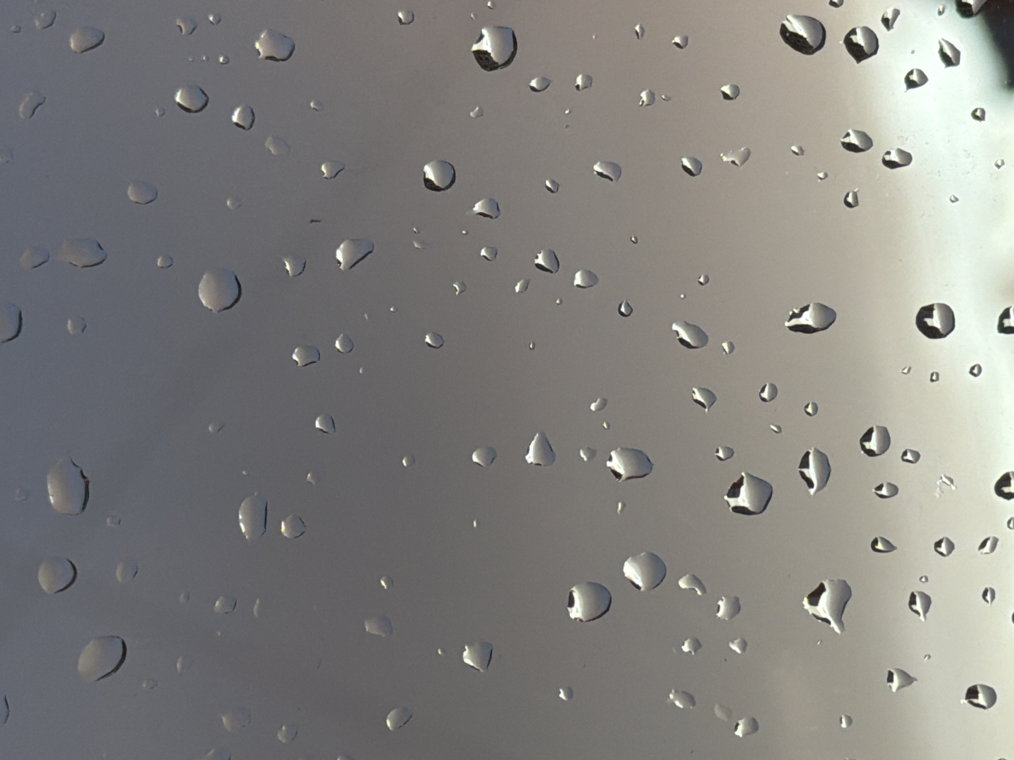 This is a close-up photograph of water droplets on a glass surface. The droplets vary in size and shape, with many exhibiting a spherical or irregular form. The surface appears to be a window, as the background is a blurred, muted sky with subtle gradients of gray and beige, suggesting overcast or twilight conditions. Some droplets reflect light, creating bright highlights and dark shadows within their forms. The image has a shallow depth of field, with the foreground droplets sharp and in focus, while the background is soft and out of focus. There are no people, animals, or specific landmarks visible. The image does not provide any information about the city of Khimki, Russia, or any specific location within it. The scene is entirely focused on the abstract pattern and texture created by the water droplets on the glass.