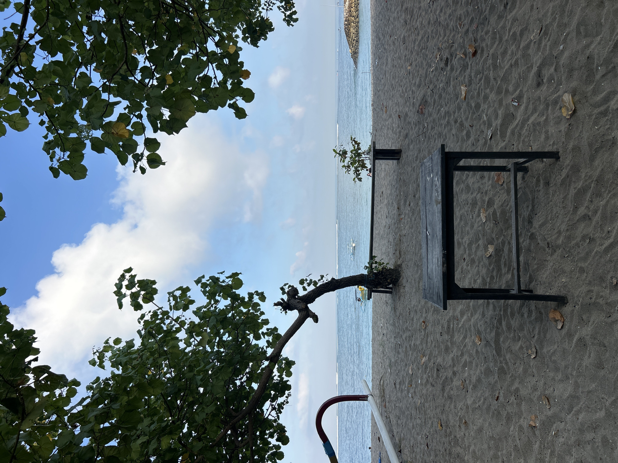 An outdoor scene captures a beach in Kuta, Indonesia, under a bright, partly cloudy sky. In the foreground, a dark wooden table stands on sandy ground littered with fallen leaves. Behind it, a long, dark wooden bench faces the ocean. To the left, a tree with green leaves leans over the beach, its branches extending towards the sky. Another smaller tree is positioned near the bench. The calm, blue ocean stretches to the horizon, with faint white waves breaking. Two small boats are visible on the water. In the distance, a rocky breakwater juts into the sea. The overall impression is one of tranquility and natural beauty.