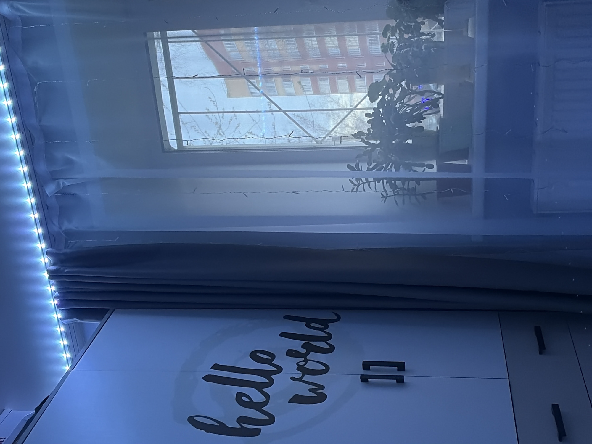 The image, oriented vertically, depicts an indoor scene focused on a window and a large piece of furniture. Along the left side, a strip of bright, cool-toned blue LED lights illuminates the space, running along the wall-ceiling corner. Sheer white curtains cover the window, diffusing the light and softening the view outside.
Through the window, a distant multi-story building, likely an apartment block, is visible with reddish-brown walls and numerous windows, suggesting an urban setting. Bare tree branches are prominent in the foreground outside the window, indicating a winter or early spring season. A houseplant with rounded leaves is silhouetted against the bright outdoor light, positioned near the window.
To the right, a large, light-colored wardrobe or cabinet is seen. Its surface features a prominent graphic that reads "hello world" in a stylized, dark cursive script. The cabinet is fitted with two horizontal, dark rectangular handles on its doors. The room's overall ambiance is cool and illuminated by both the artificial blue light and the diffused natural light, suggesting either twilight or an overcast day.