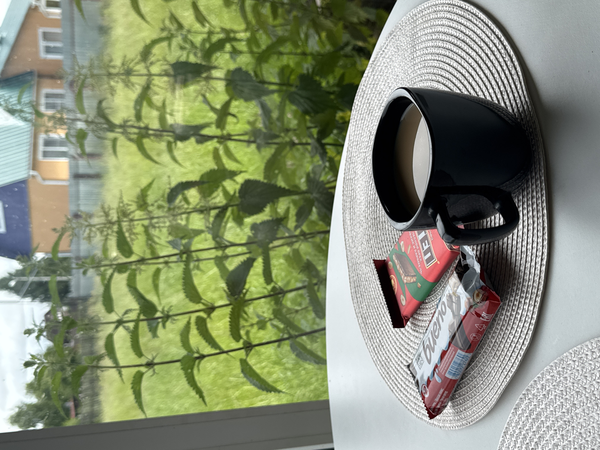 A mug of coffee and two chocolate bars are on a table with a woven placemat, viewed through a window. Outside the window is a yard with green grass and nettle plants, and in the background are houses with orange and blue roofs, and a fence. The scene appears to be a breakfast setting at a residence in Южное Снт, Russia.
