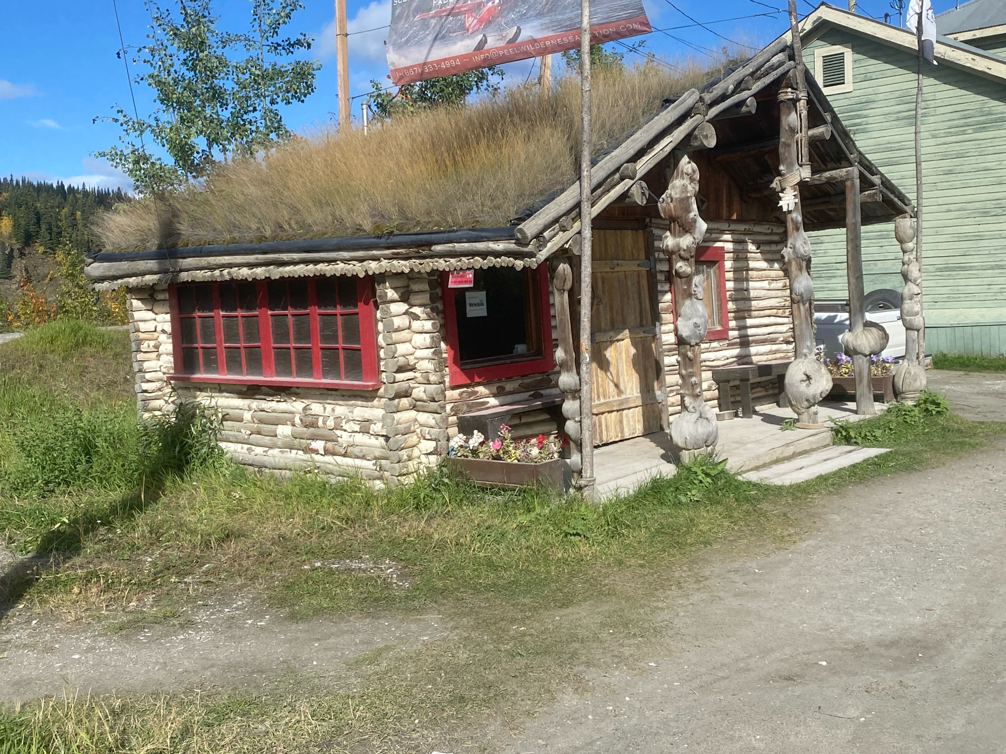 A rustic, log-built building with a sod roof sits in a rural setting. The building has red-framed windows, one of which displays a sign reading "We're Open." A wooden porch with carved posts leads to a doorway. A planter box with flowers sits in front of the building. In the background, a larger, green wooden building is visible, along with trees and a bright blue sky. The ground in front of the structure is a dirt path. The building is likely located in or near Dawson City, Canada, given its distinctive architectural style and the surrounding natural landscape.
