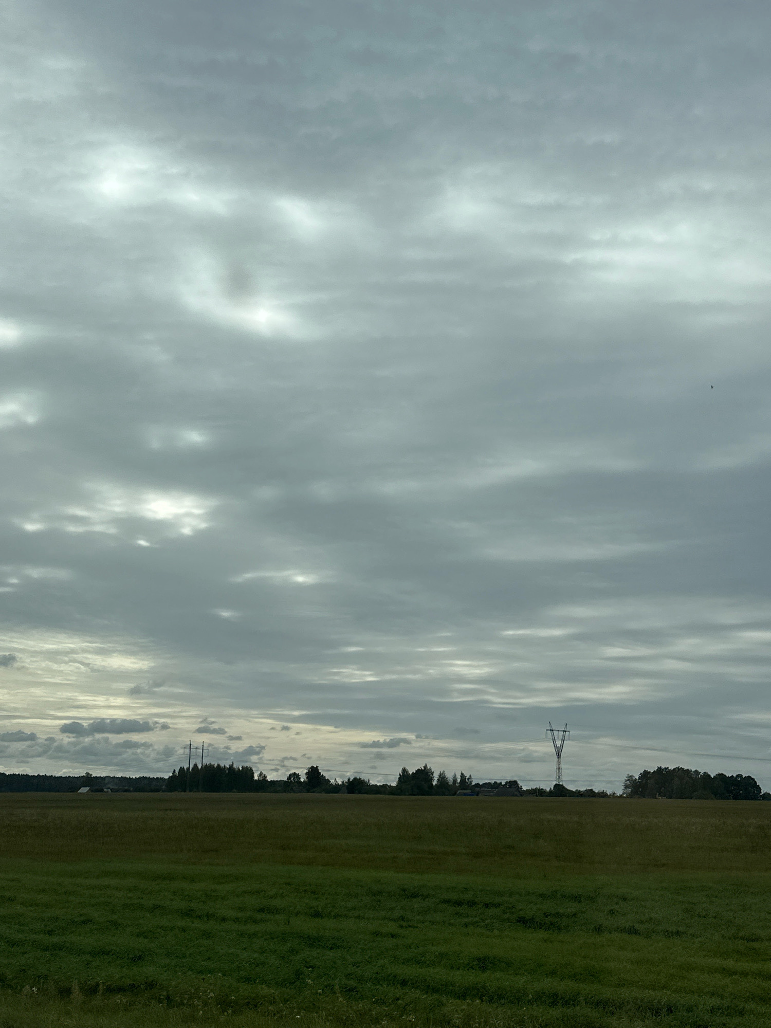 The image shows a wide view of a rural landscape under a cloudy sky. In the foreground, there is a field of green grass, with a slightly darker, more yellowish patch further back. In the middle ground, there is a flat, open field stretching towards a distant tree line. On the horizon, several utility poles and a lone transmission tower are visible. The sky is filled with scattered clouds, some of which are illuminated from behind by the sun, creating bright patches. The overall impression is one of a calm, overcast day in the countryside. The location is identified as Гарбацэвіцкі сельскі Савет, Belarus. There are no people or animals visible in the image.