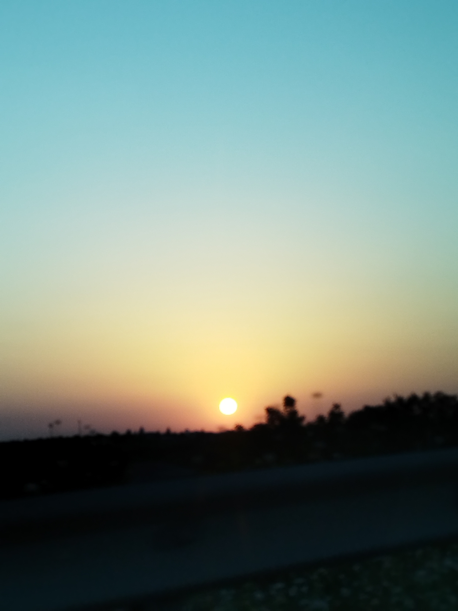 The image is a blurry, low-light photograph of a sunset or sunrise. The sky transitions from a pale blue at the top to shades of yellow and pink near the horizon. A bright, round sun is visible on the right side, low in the sky. Silhouetted against the colorful sky is a dark, indistinct landscape that appears to be a line of trees or vegetation. In the foreground, there is a dark, blurry mass that could be a road or a field with some small, lighter specks. The overall impression is one of a natural landscape scene, possibly taken from a moving vehicle due to the blurriness. There is no discernible indication of the specific location in Dragomirești-Deal, Romania, or any specific people or actions.